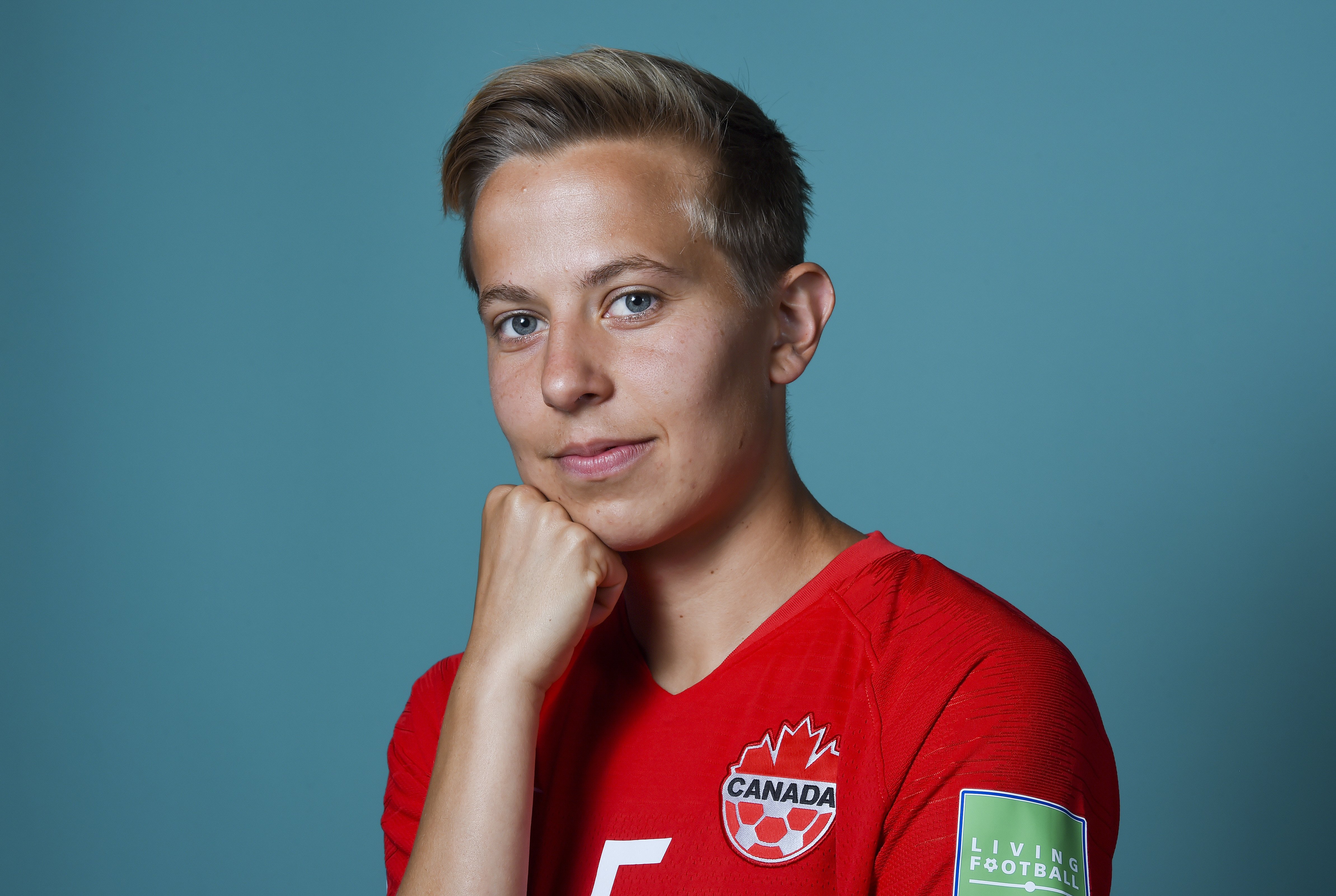 Rebecca Quinn of Canada poses for a portrait during the official FIFA Women's World Cup 2019 portrait session at Courtyard by Marriott Montpellier on June 07, 2019, in Montpellier, France. | Source: Getty Images.