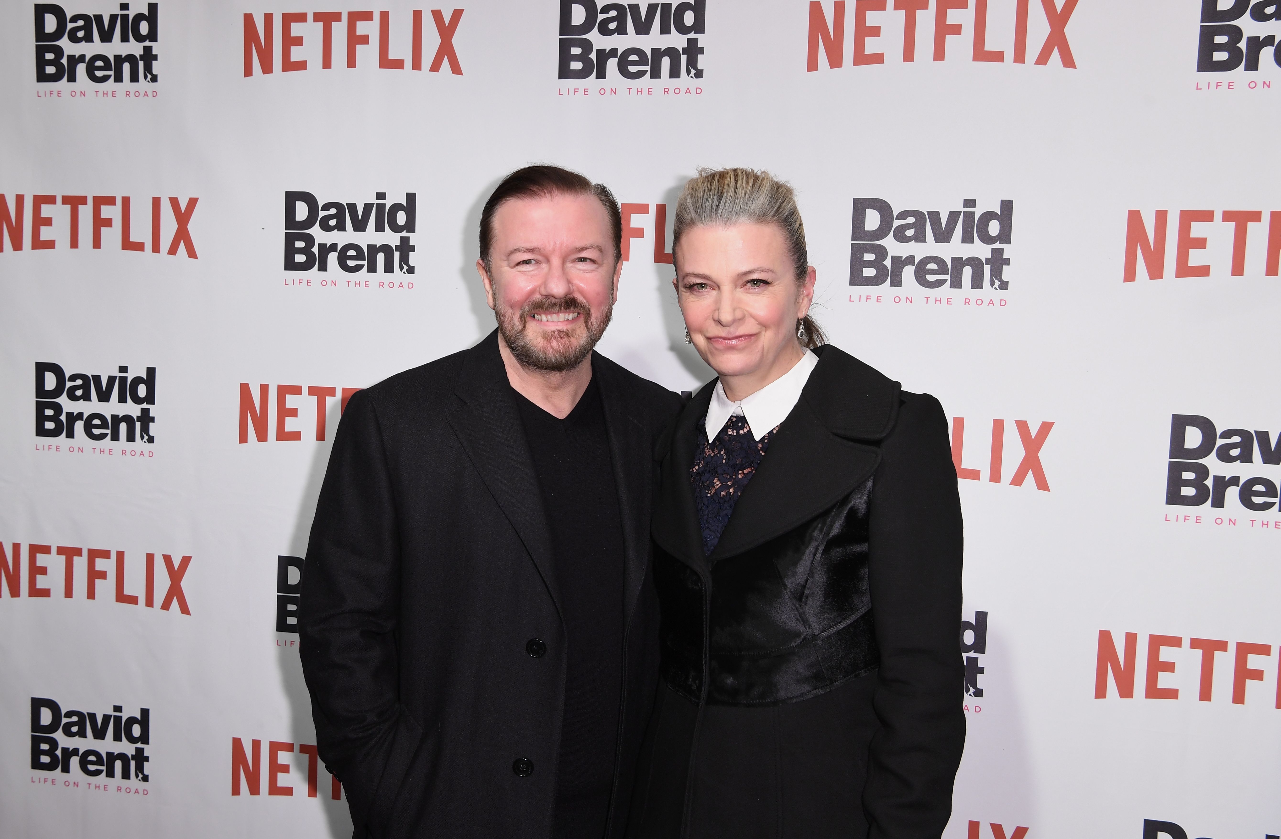 Ricky Gervais and Jane Fallon at the "David Brent: Life on the Road" special screening on 2 February 2017 in New York, United States. | Source: Getty Images