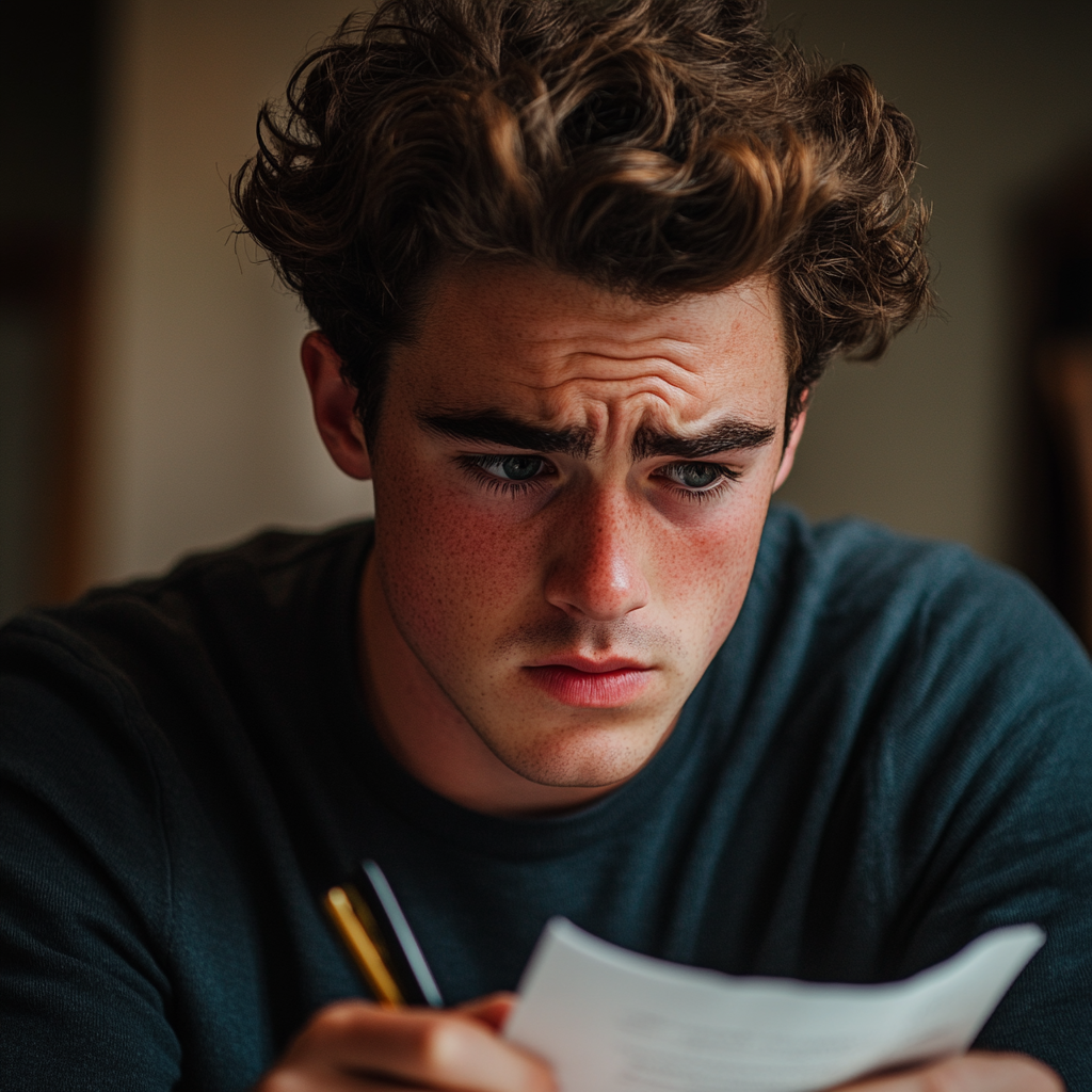 A closeup of a sad and thoughtful man holding a paper and pen | Source: Midjourney