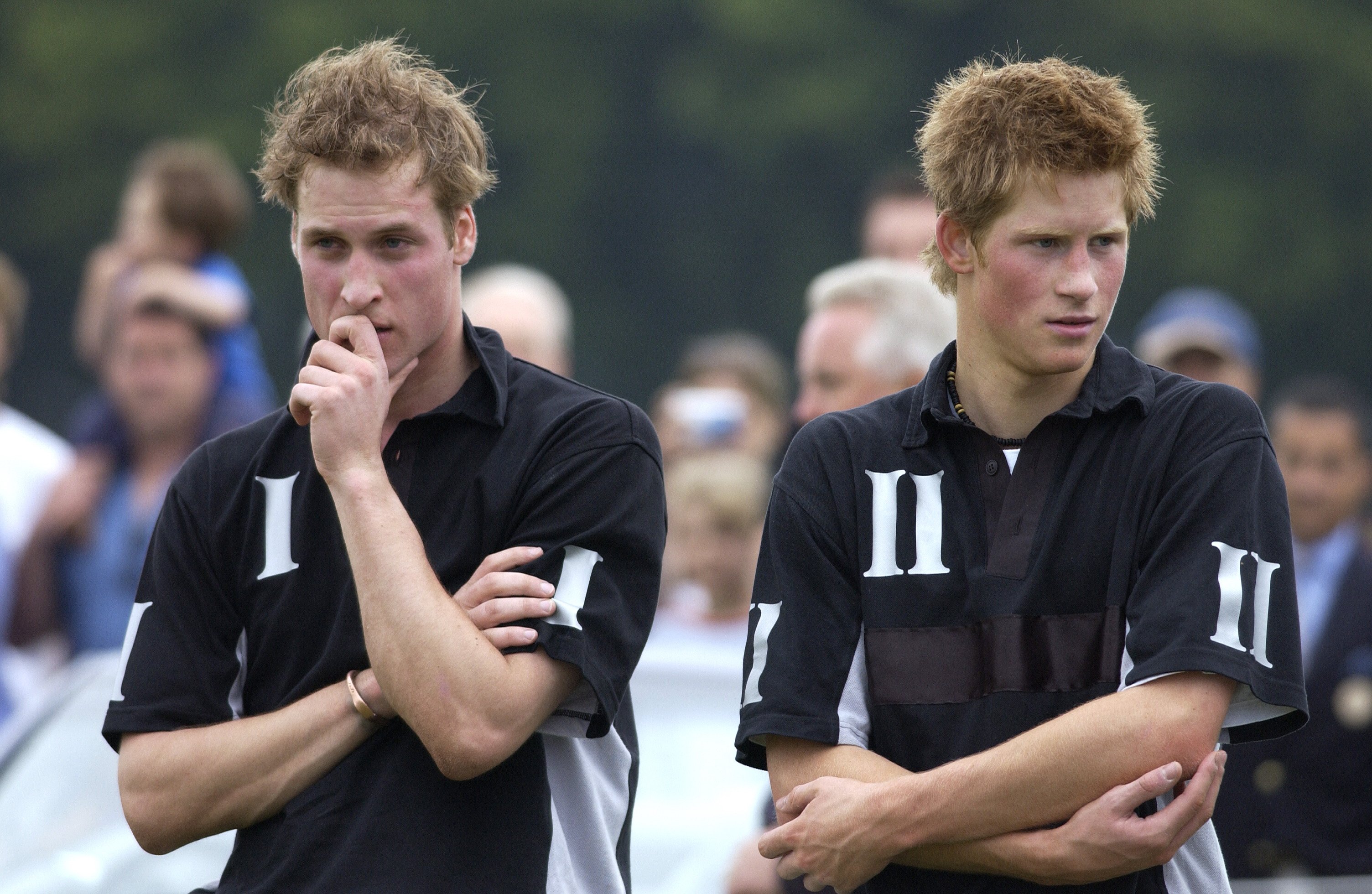 Prince William and Prince Harry in deep in thought after playing for The Mercedes-amg Polo Team against The Beaufort Team At Beaufort Polo Club in Tetbury, England. / Source: Getty Images