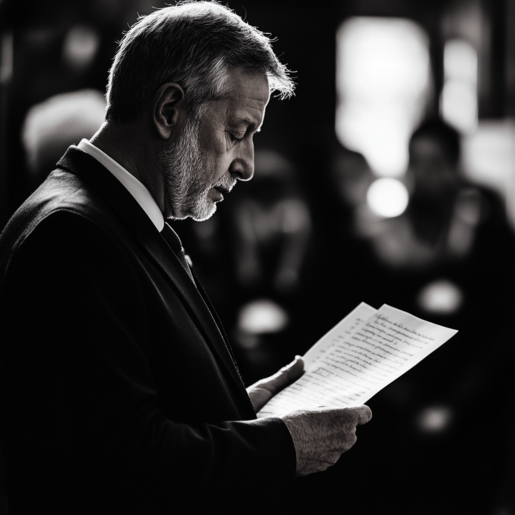 Senior man reading a letter at a funeral | Source: Midjourney