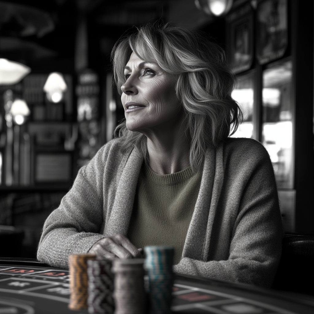 A grayscale photo of a senior woman sitting in a casino with gambling chips lying on her table | Source: Midjourney