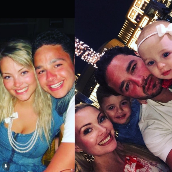 Shared on 15 January 2019, this side-by-side collage contrasts Caroline and Adam Thomas in their early years with a more recent family selfie, offering a touching glimpse at how their relationship has grown over time — from young love to a full, happy family of four. | Source: Instagram/carolinethomas23