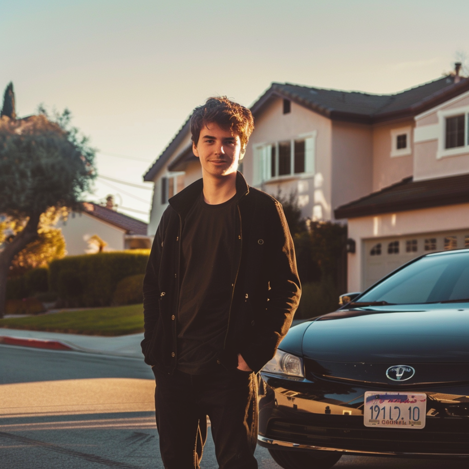 A young man standing next to his car in a neighborhood | Source: Midjourney