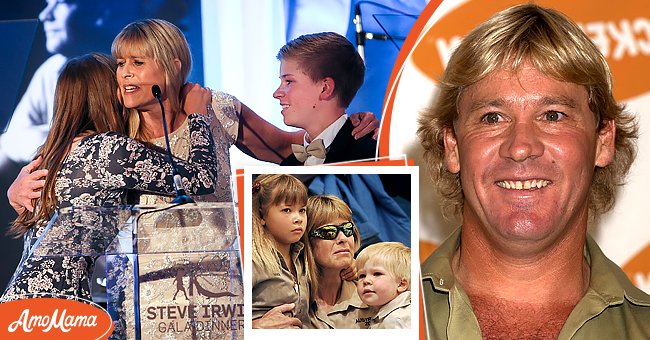 (L-R) Bindi Irwin, Terri Irwin, and Robert Irwin attend the Steve Irwin Gala Dinner at the SLS Hotel at Beverly Hills on May 13, 2017 in Los Angeles, California. (M) Terri Irwin, wife of Australian environmentalist Steve Irwin holds her daughter Bindi and son Bob at Australia Zoo September 20, 2006 in Beerwah, Australia. (L) Steve Irwin during Nickelodeon's 15th Annual Kids Choice Awards - Press Room at Barker Hanger in Santa Monica, California | Photo: Getty Images