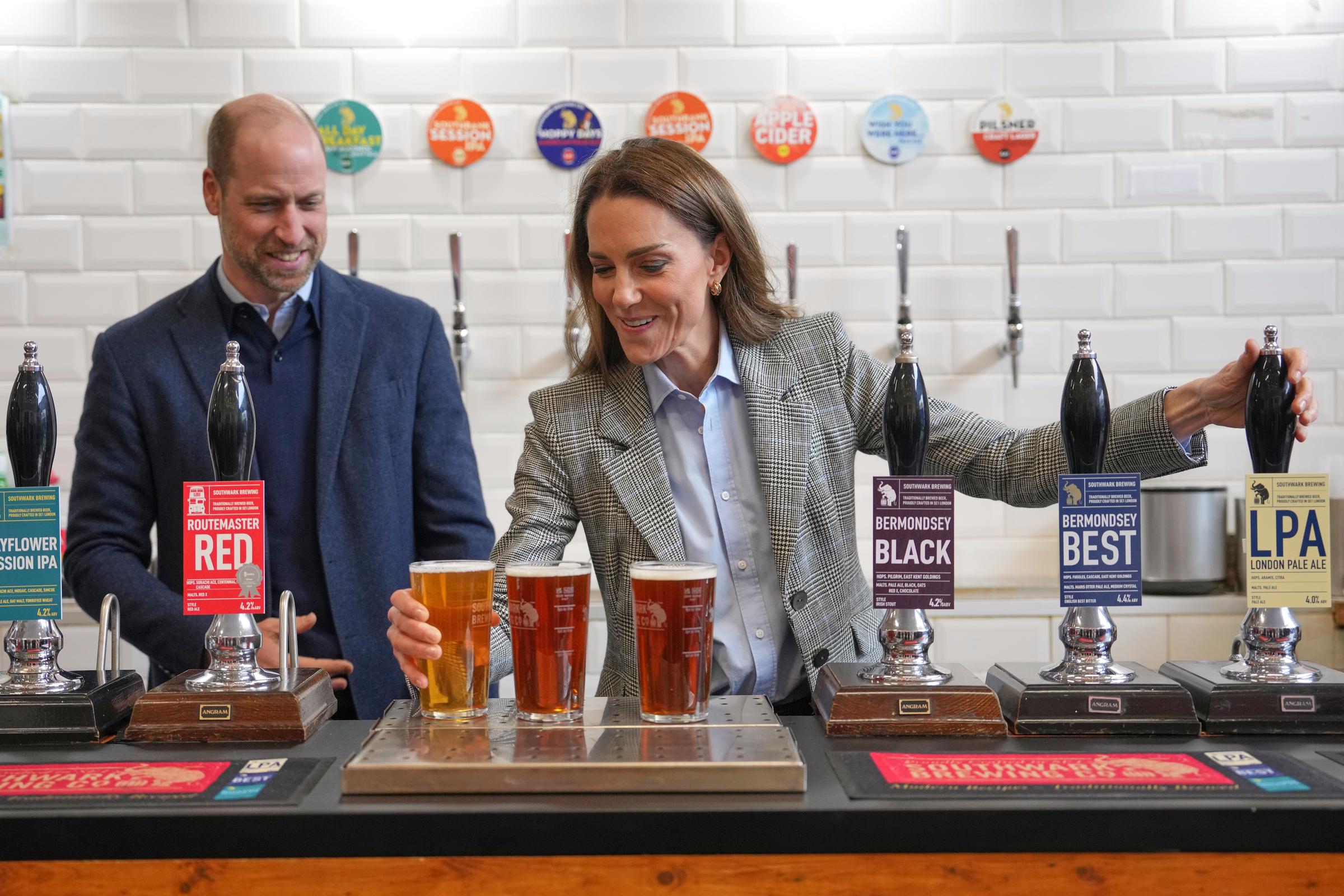Catherine, Princess of Wales and Prince William, Prince of Wales draw beers as they visit the Southwark Brewing Company at the Bermondsey Beer Mile on 12 March 2026 in London, England. | Source: Getty Images