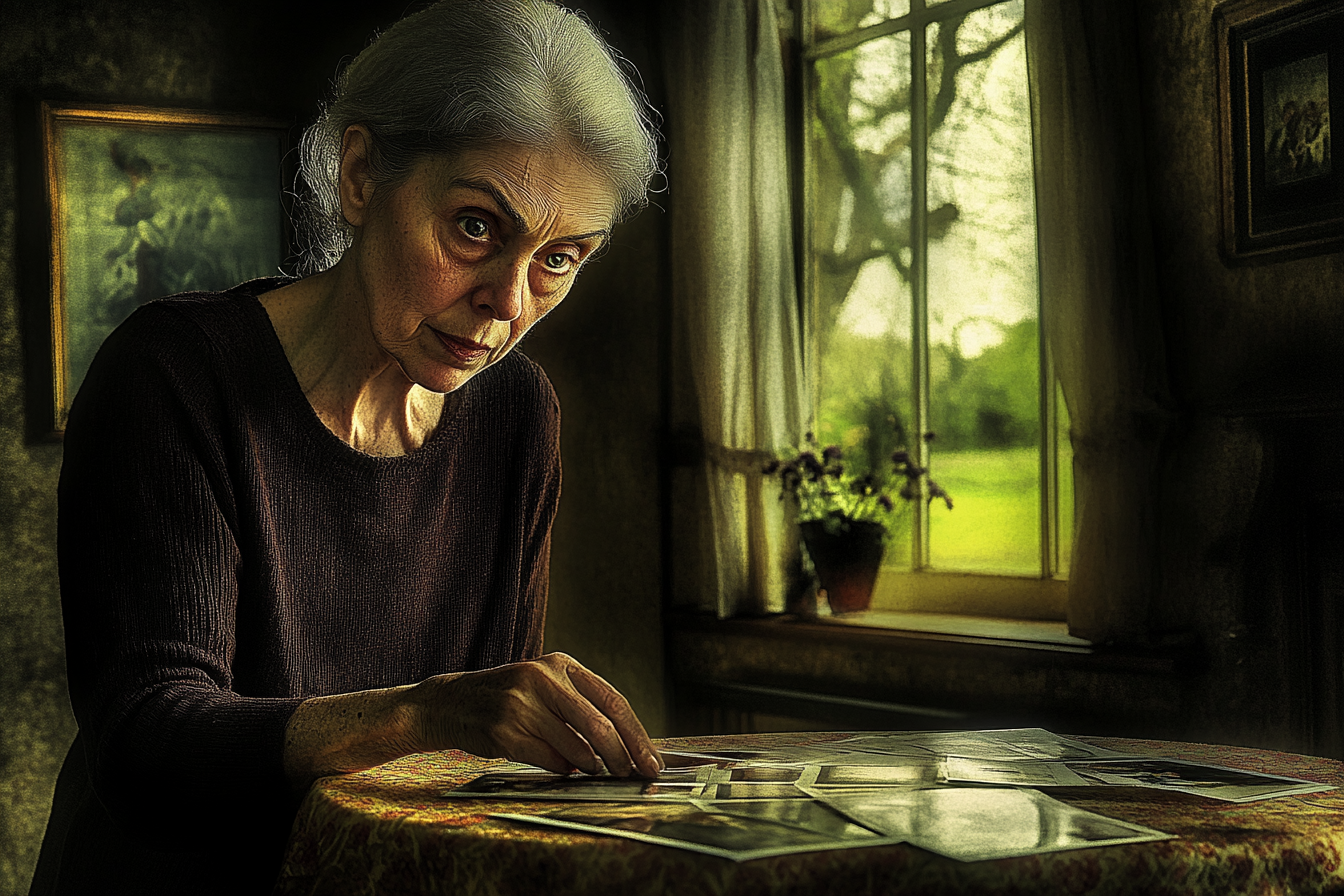 An old woman touching photos on a table | Source: Midjourney