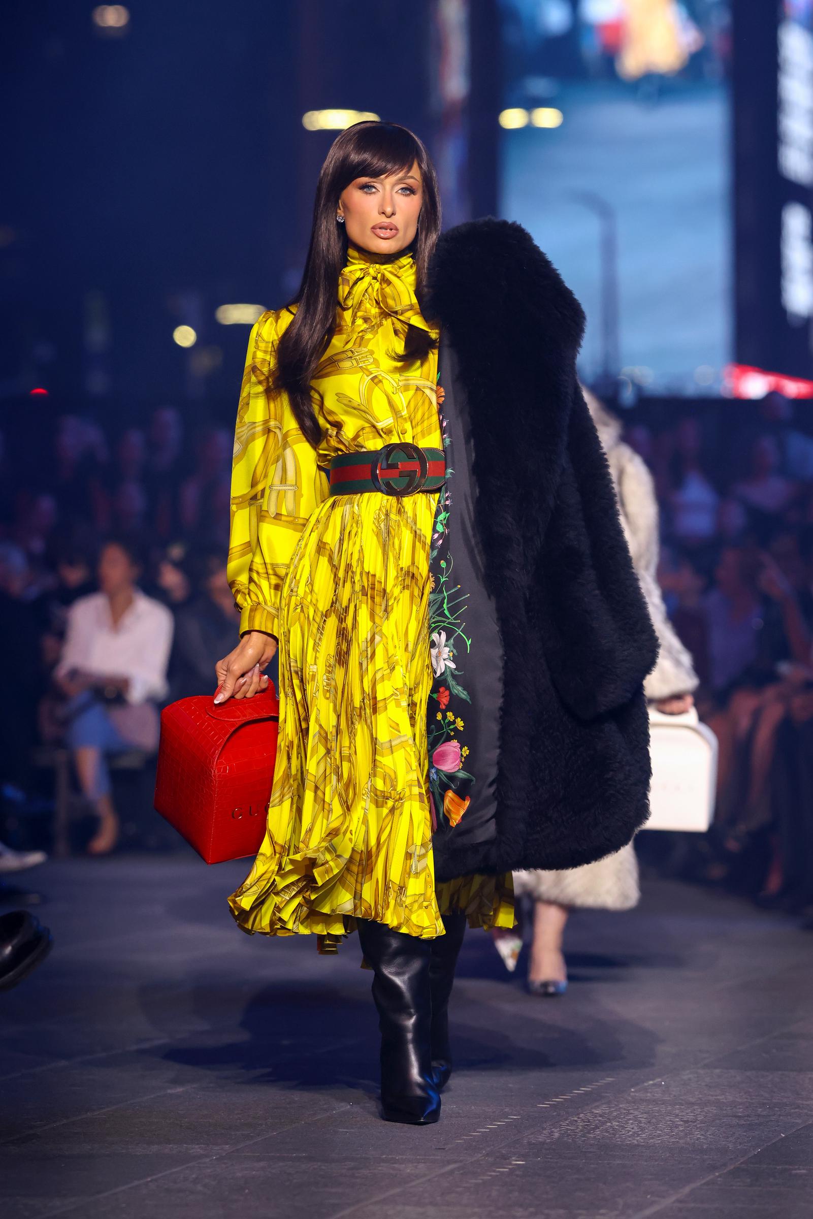 Paris Hilton walks the runway at Guccicore: Gucci Cruise 2027 at Times Square on May 16, 2026 in New York City | Source: Getty Images