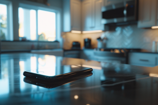 A smartphone on a kitchen counter | Source: Midjourney