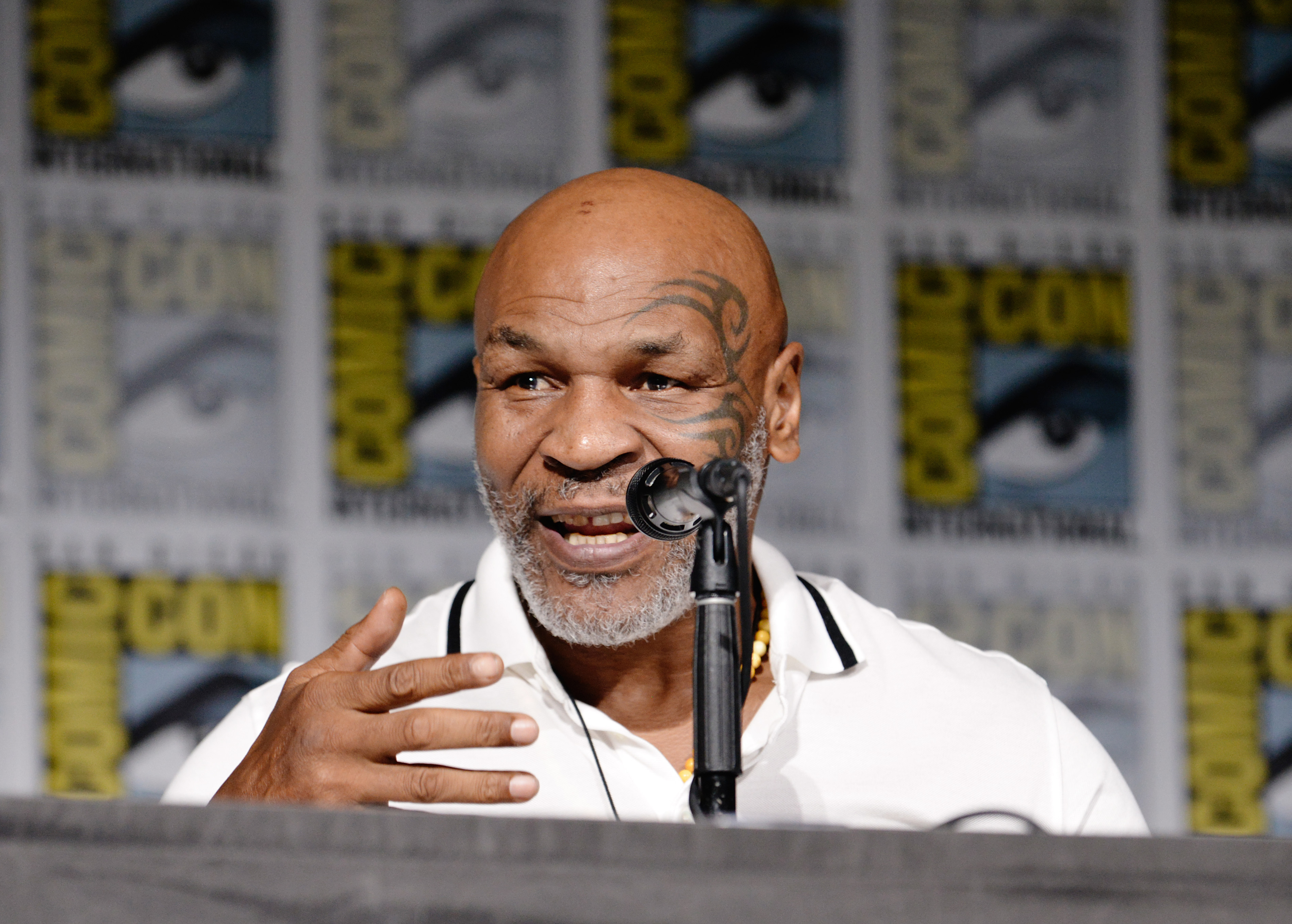 Mike Tyson speaks during the Tekken 8: The Art of Fighting panel at 2023 Comic-Con International at San Diego Convention Center on July 21, 2023, in San Diego, California. | Source: Getty Images