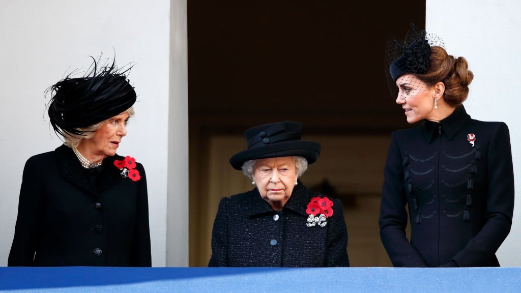 Camilla, Duchess of Cornwall, Queen Elizabeth II and Catherine, Duchess of Cambridge attend the annual Remembrance Sunday service at The Cenotaph. |  Photo: Getty Images
