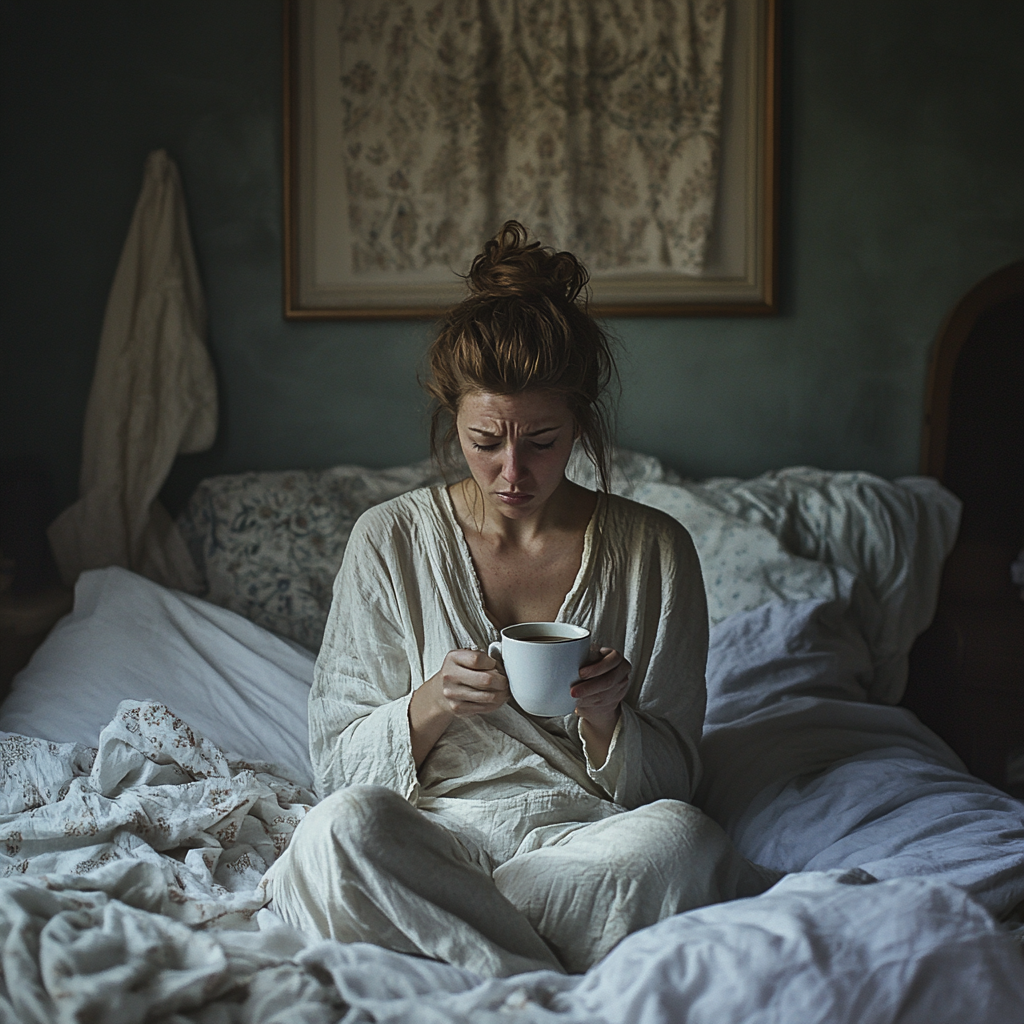 An upset woman sitting on her bed | Source: Midjourney