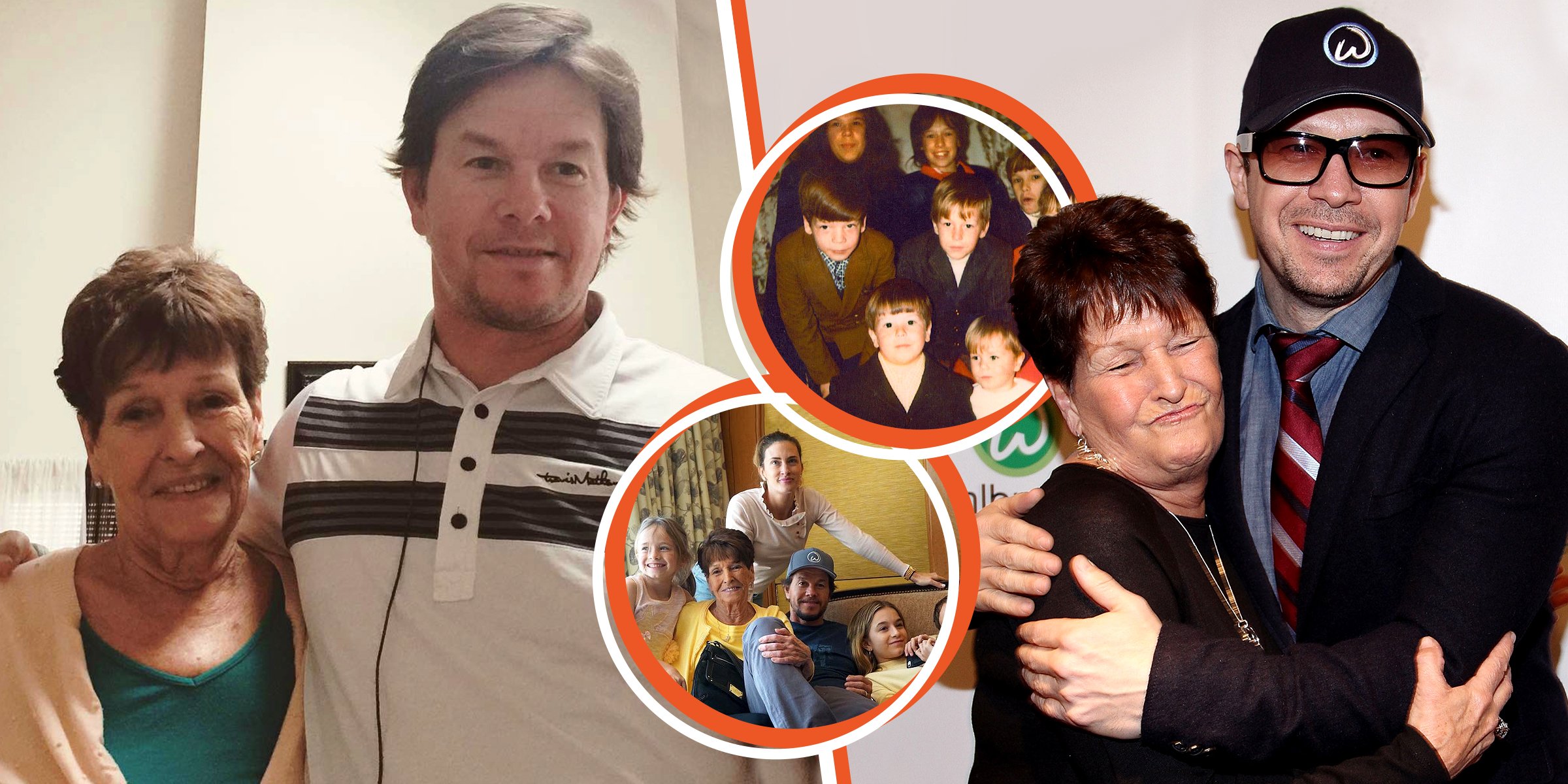 Mark Wahlberg and his mother Alma. | Mark Wahlberg and his children, Ella Rae, Michael, Brendan and Grace | Mark Wahlberg and his siblings.| Source: Instagram.com/markwahlberg. | Getty Images