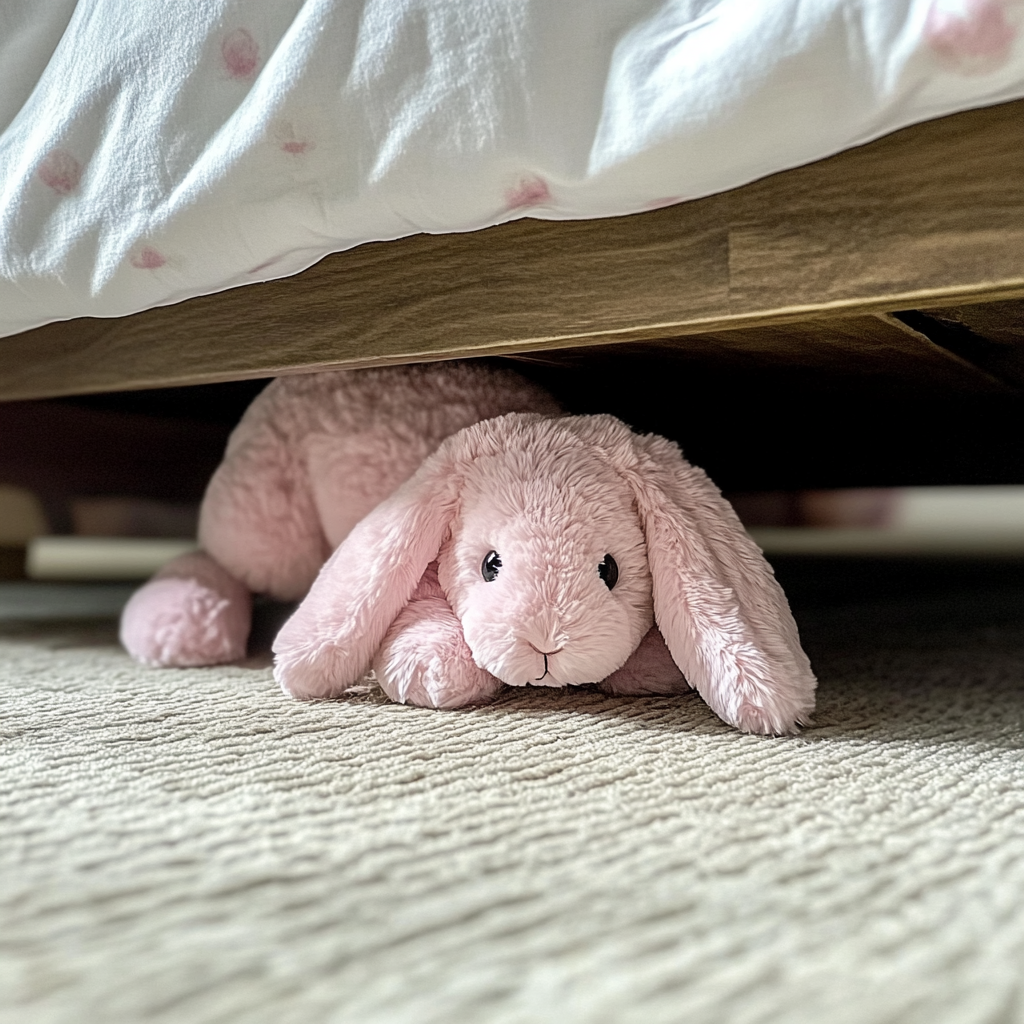 A pink stuffed bunny under a bed | Source: Midjourney