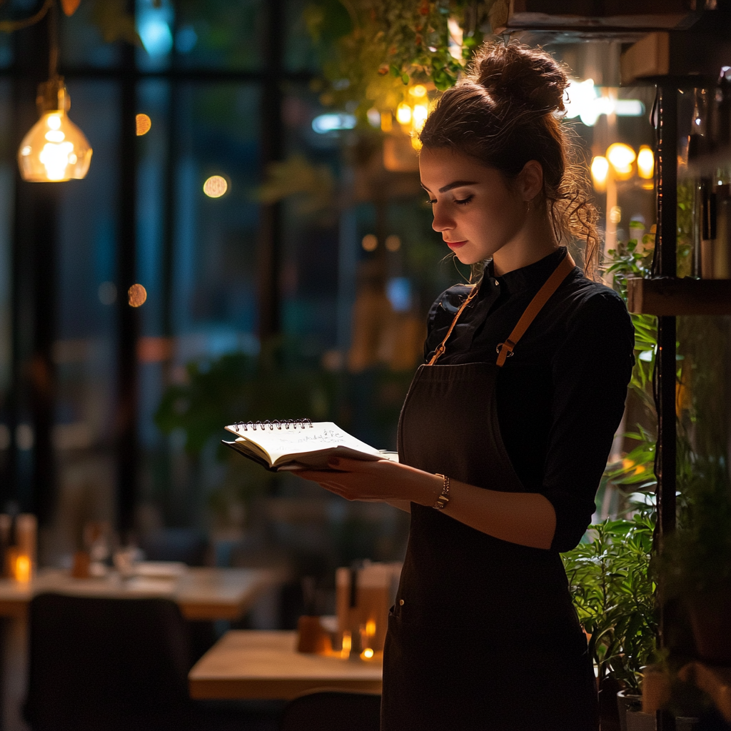 A waitress holding a notebook | Source: Midjourney