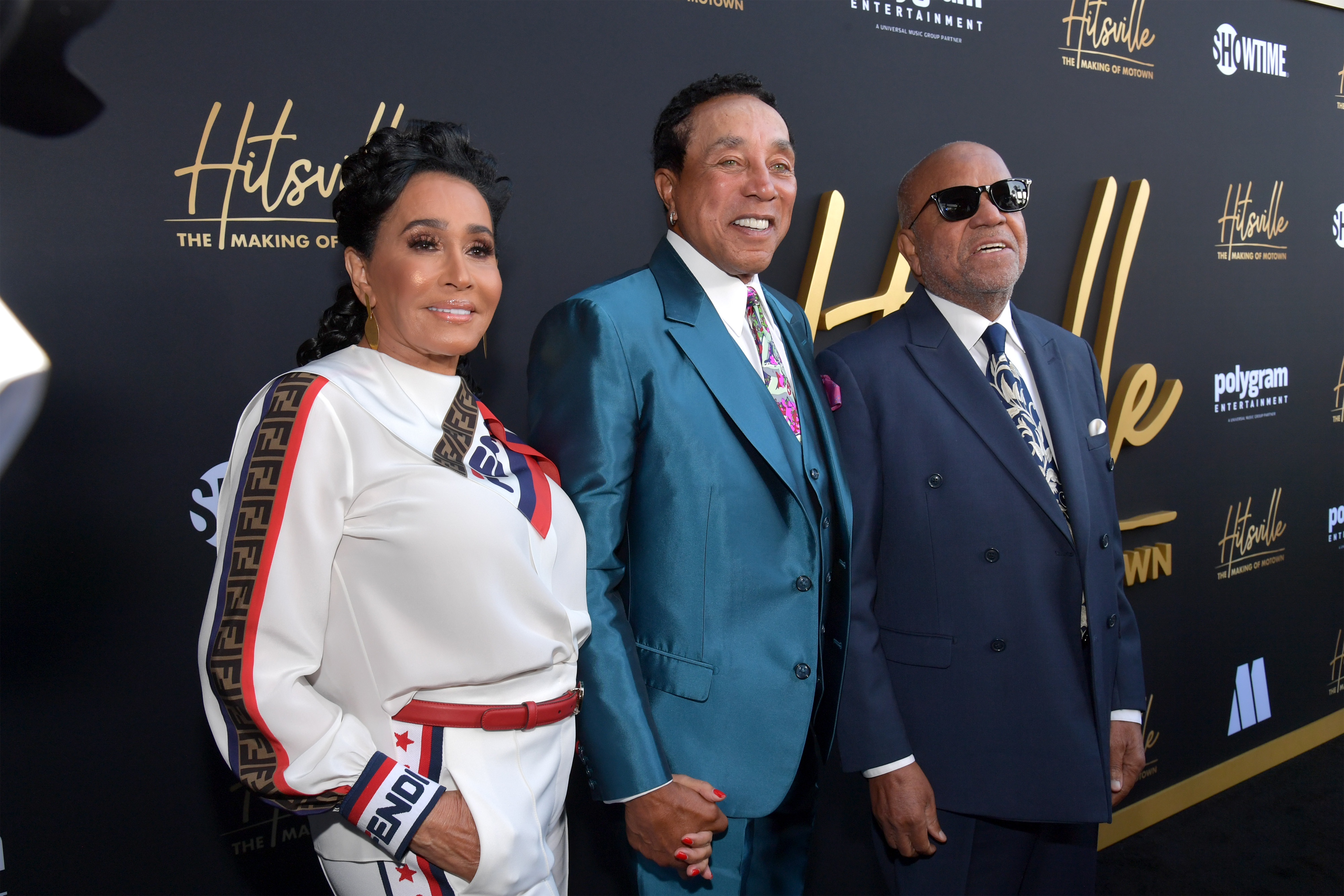 Frances Glandney, Smokey Robinson, and Berry Gordy attend the world premiere of Showtime's "HITSVILLE: The MAKING OF MOTOWN" at Harmony Gold Theatre, on August 8, 2019, in Los Angeles, California. | Source: Getty Images