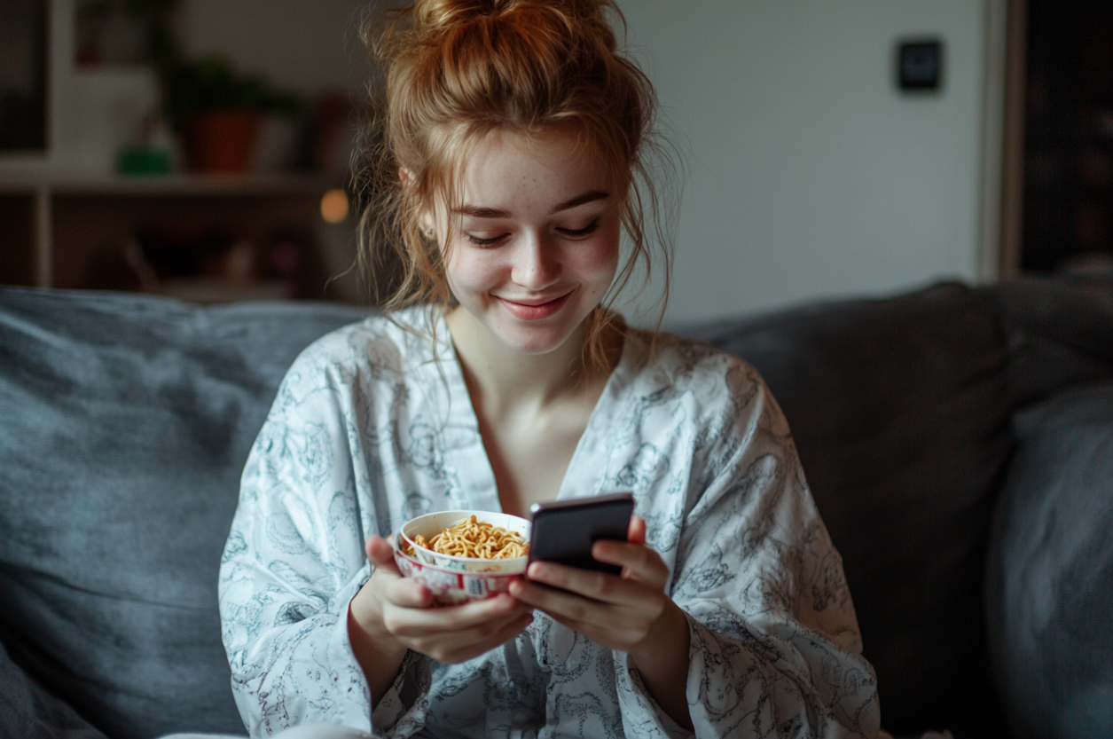 A woman smiling at her phone | Source: Midjourney