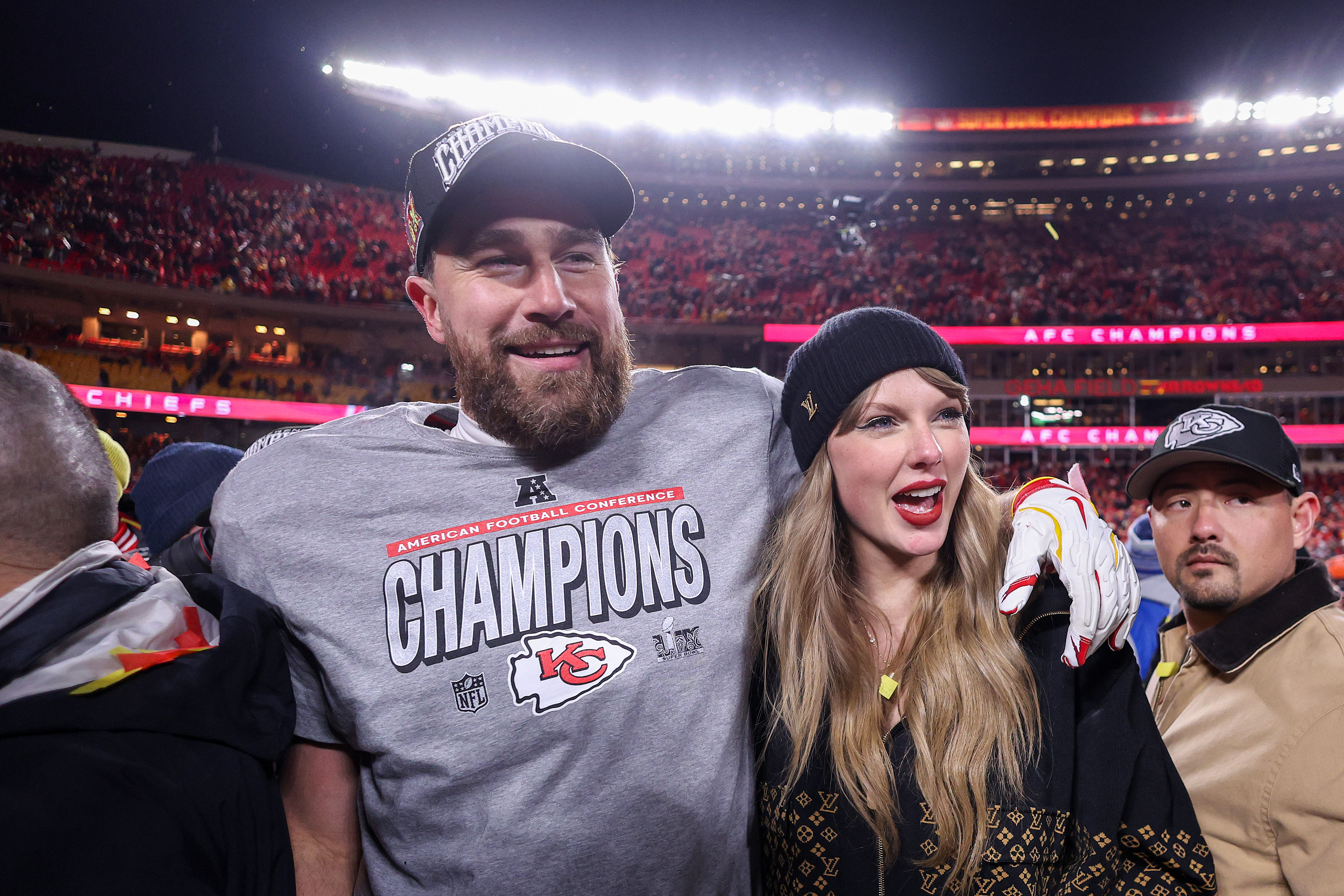 Taylor Swift with Travis Kelce at the AFC Championship Game on January 26, 2025, in Kansas City, Missouri | Source: Getty Images