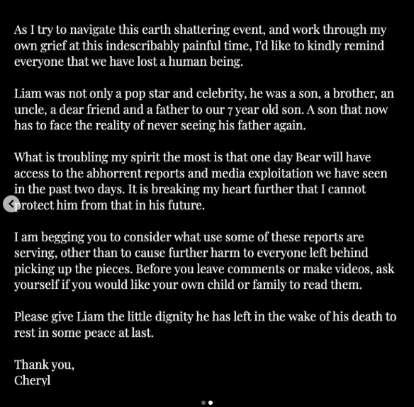 Cheryl Tweedy's message in the wake of Liam Payne's death, dated October 8, 2024. | Source: Instagram/cherylofficial