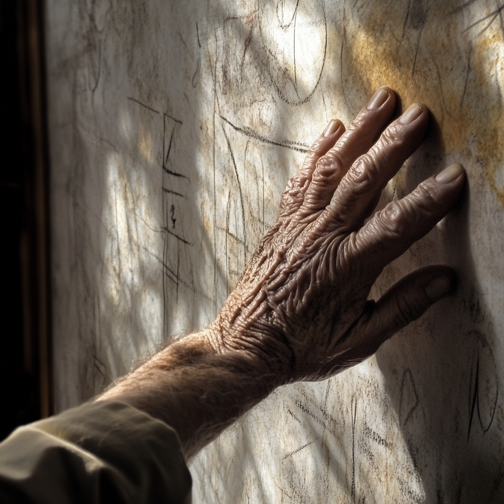 A nostalgic older man touching a wall | Source: Midjourney