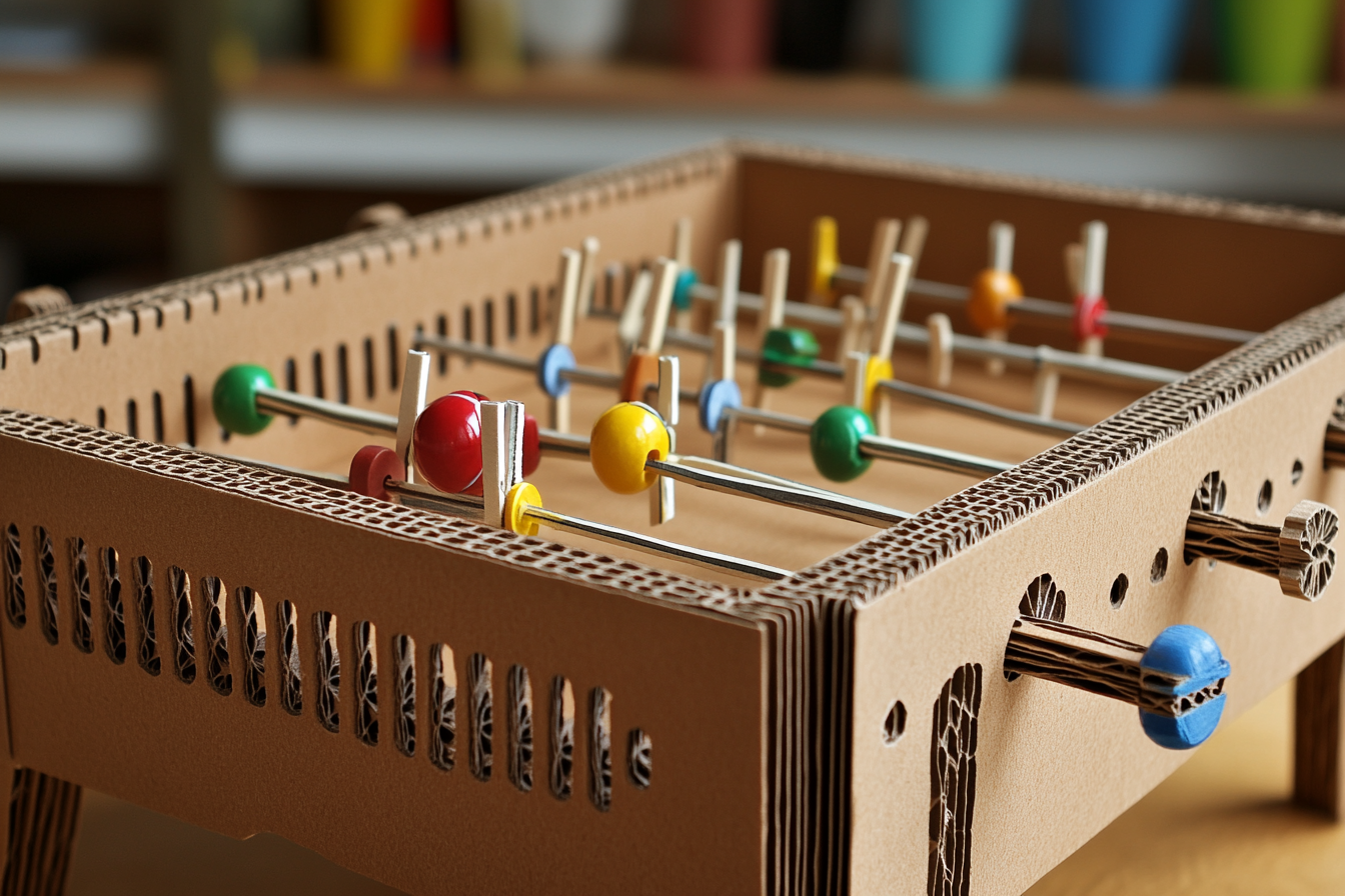 A cardboard foosball table | Source: Midjourney