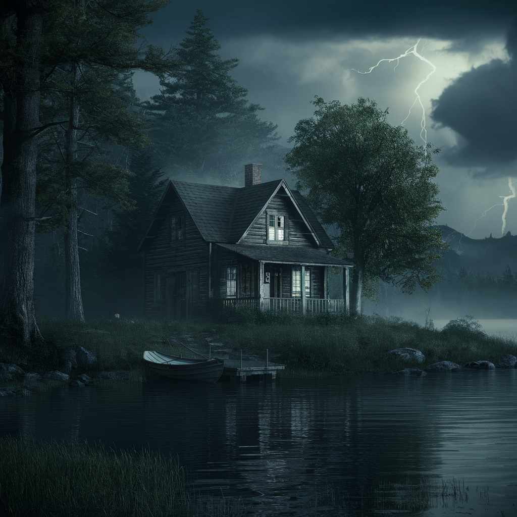 A thunderstorm approaching a lake-side cabin | Source: Midjourney