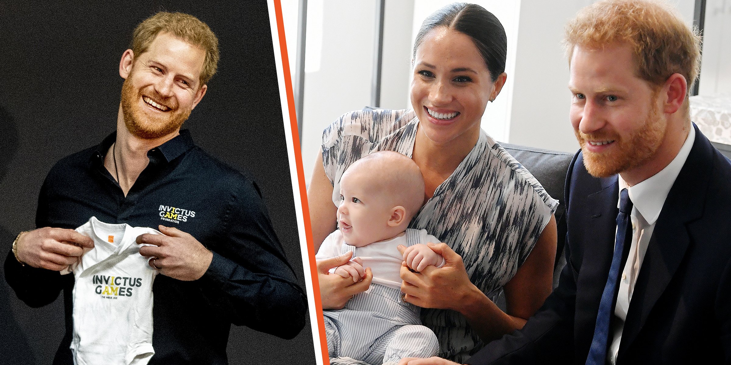 [Left] Prince Harry holding an Invictus Games baby grow for his then-newborn son Archie during the launch of the Invictus Games on May 9, 2019 in The Hague, Netherlands. [Right]  Prince Harry and Meghan Markle holding their son Archie Mountbatten-Windsor on September 25 2019  | Source: Getty Images 