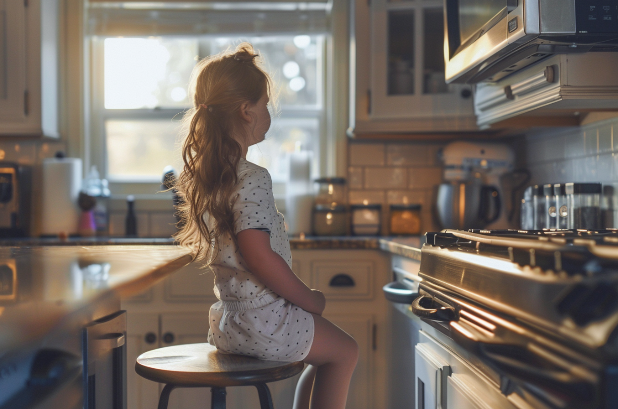 A girl sitting on a stool | Source: Midjourney