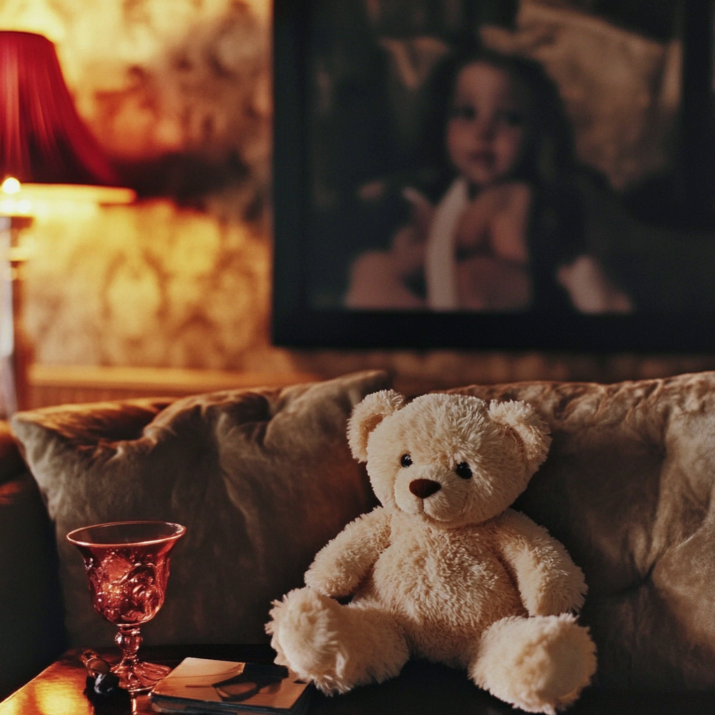 A beige teddy bear on the couch | Source: Midjourney