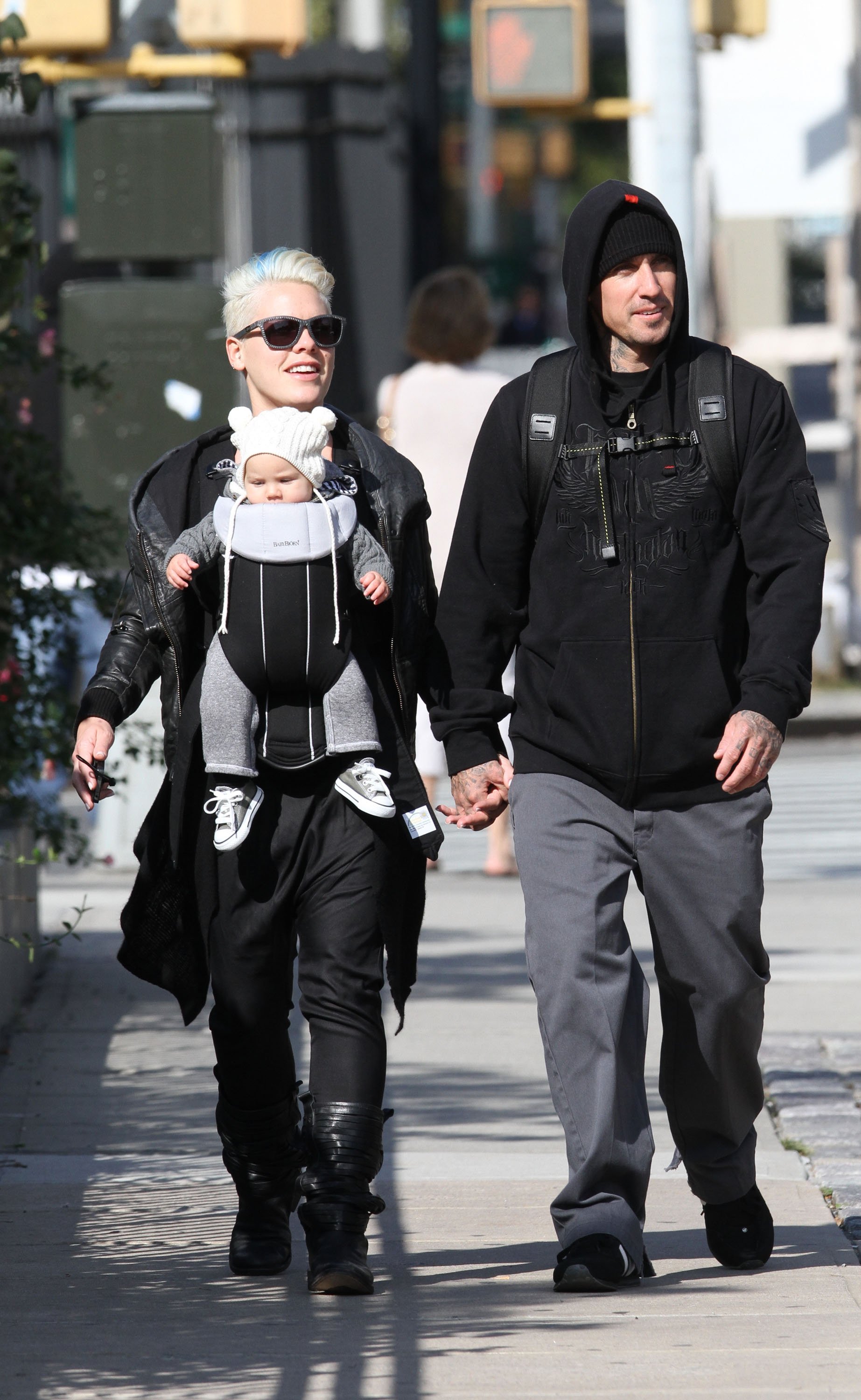 Pink and Carey Hart seen with their daughter Willow Sage Hart on the streets of Manhattan on October 23, 2011, in New York City. | Source: Marcel Thomas/FilmMagic/Getty Images