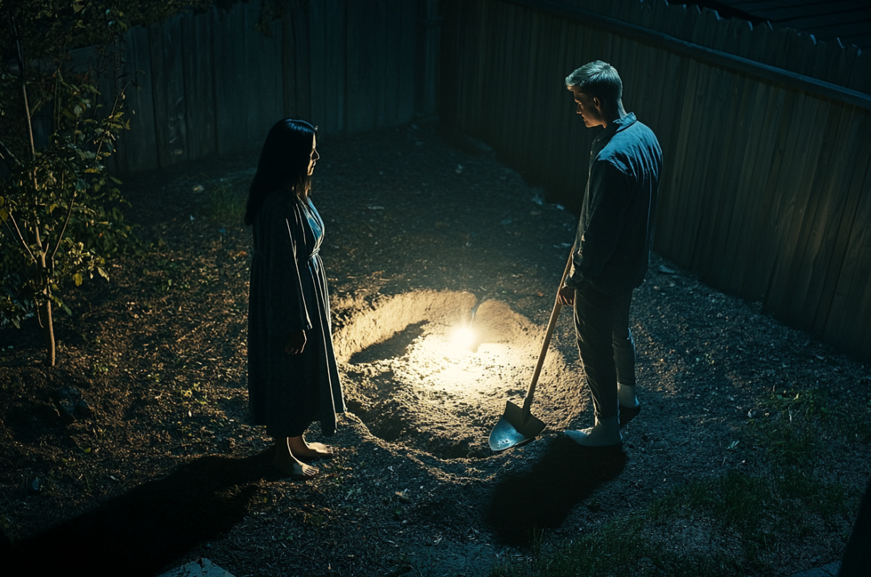 A woman speaking to a man beside a hole | Source: Midjourney