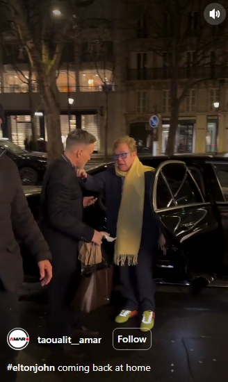 Sir Elton John steps out of a car with assistance following the Jacquemus fashion show in Paris. This moment was captured in a post dated January 25, 2026. | Source: Instagram/taoualit__amar