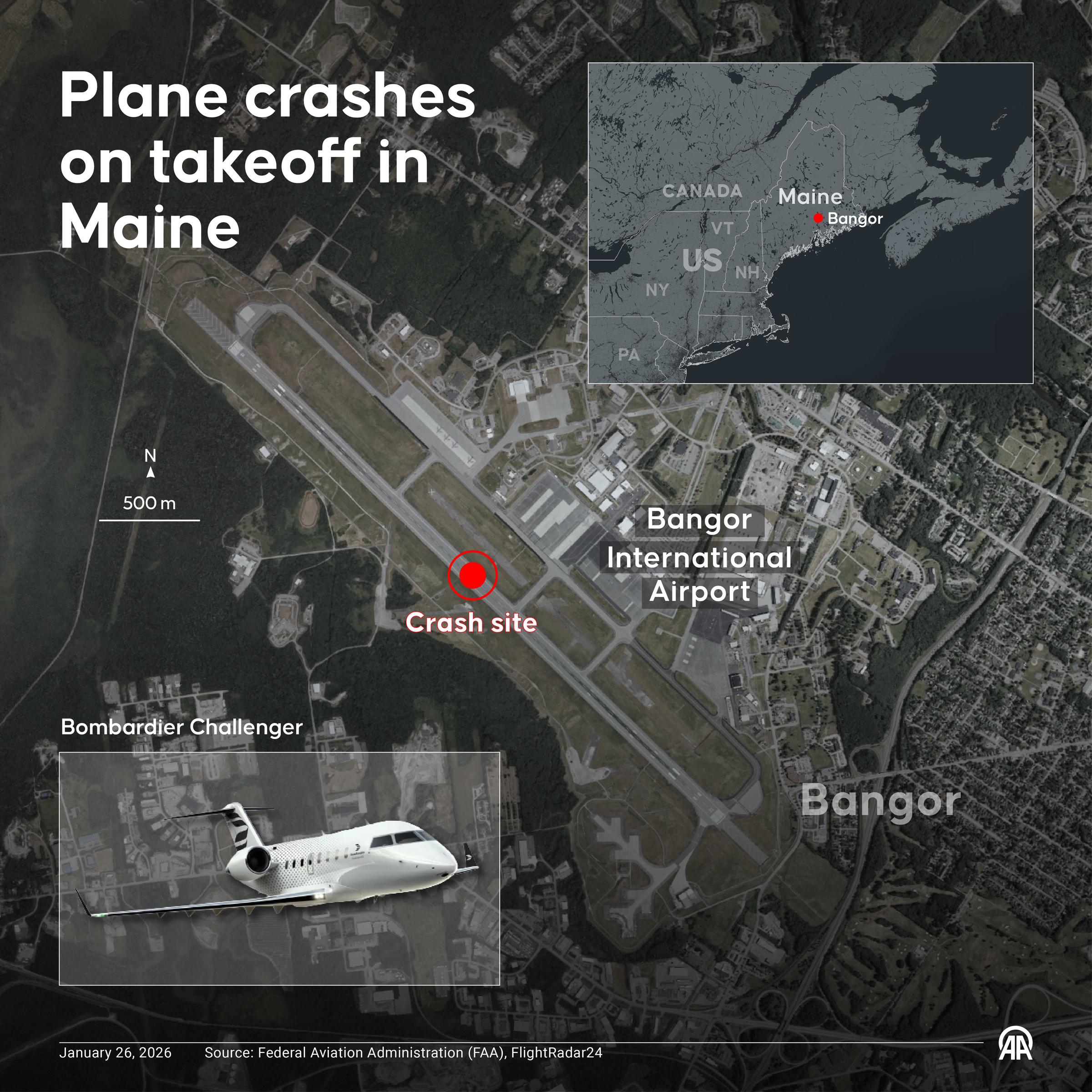 An infographic titled "Plane crashes on takeoff in Maine," created on January 26, 2026 | Source: Getty Images