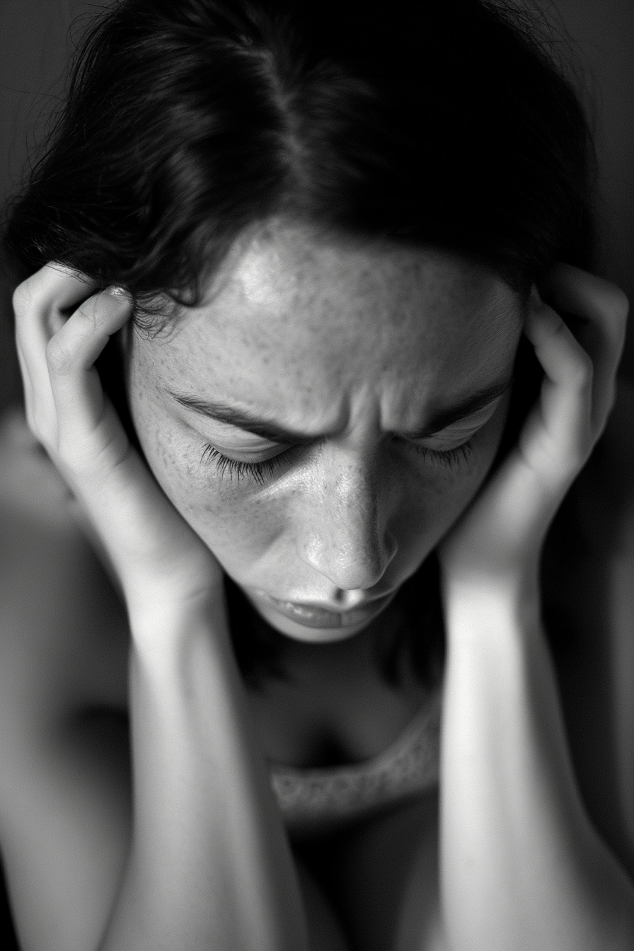 A woman holding her head with her eyes closed | Source: Midjourney