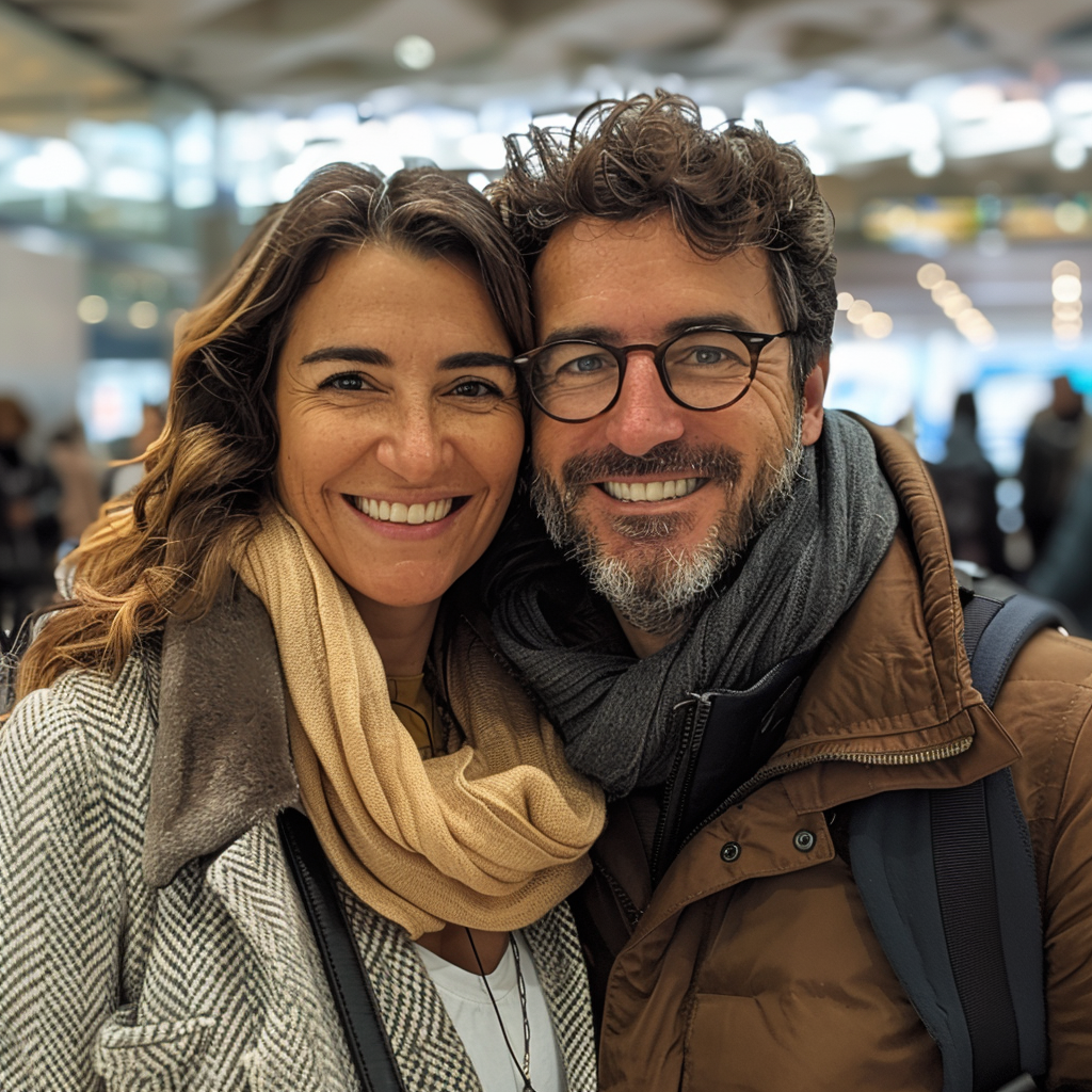 A smiling couple at an airport | Source: Midjourney