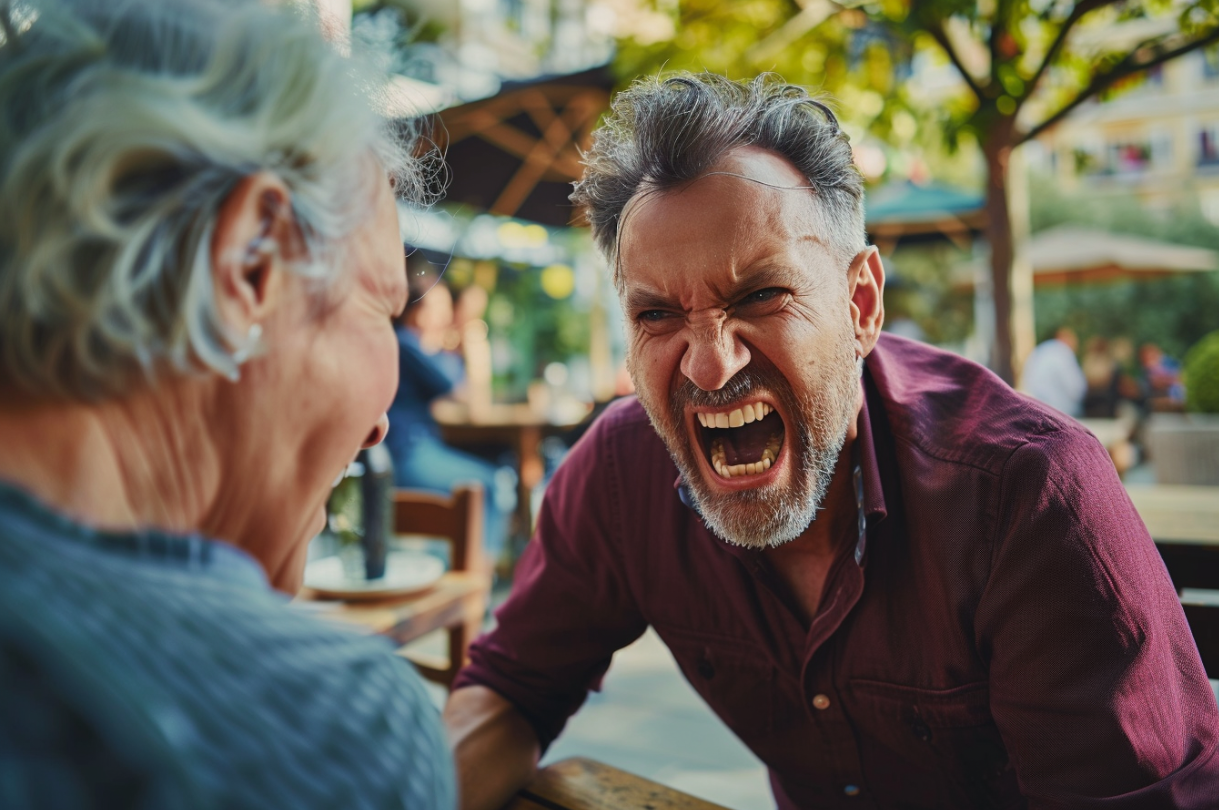 Middle-aged man yelling at an older woman | Source: MidJourney