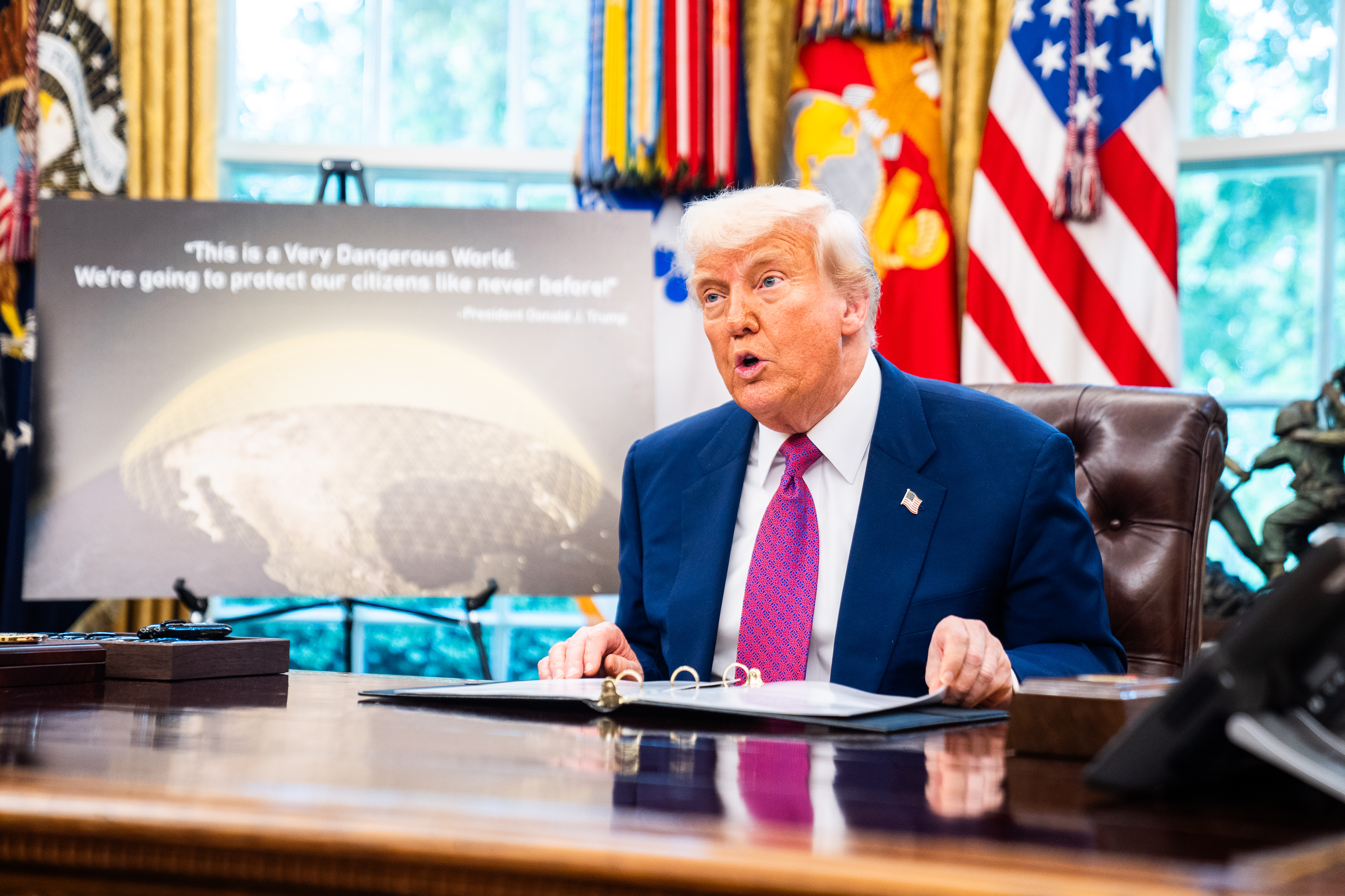 Donald Trump speaking about his plans for a Golden Dome defense system in Washington, D.C., on May 20, 2025. | Source: Getty Images