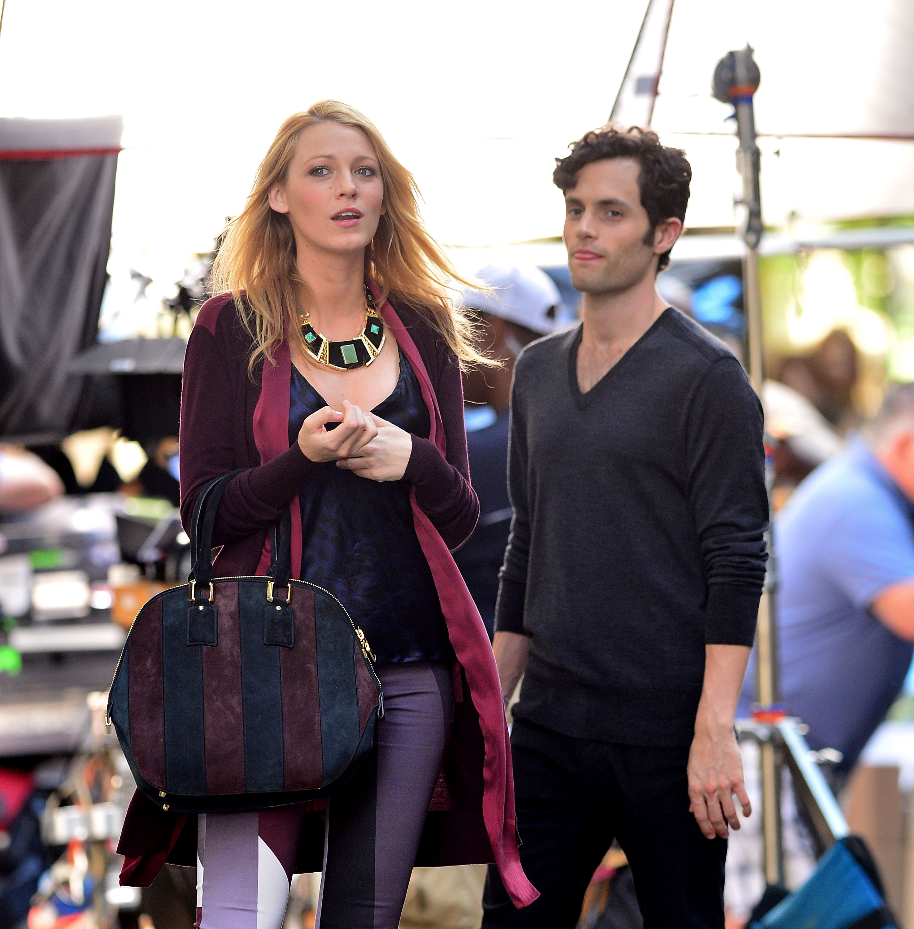 Blake Lively and Penn Badgley filming on location for "Gossip Girl" on August 28, 2012, in New York City. | Source: Getty Images