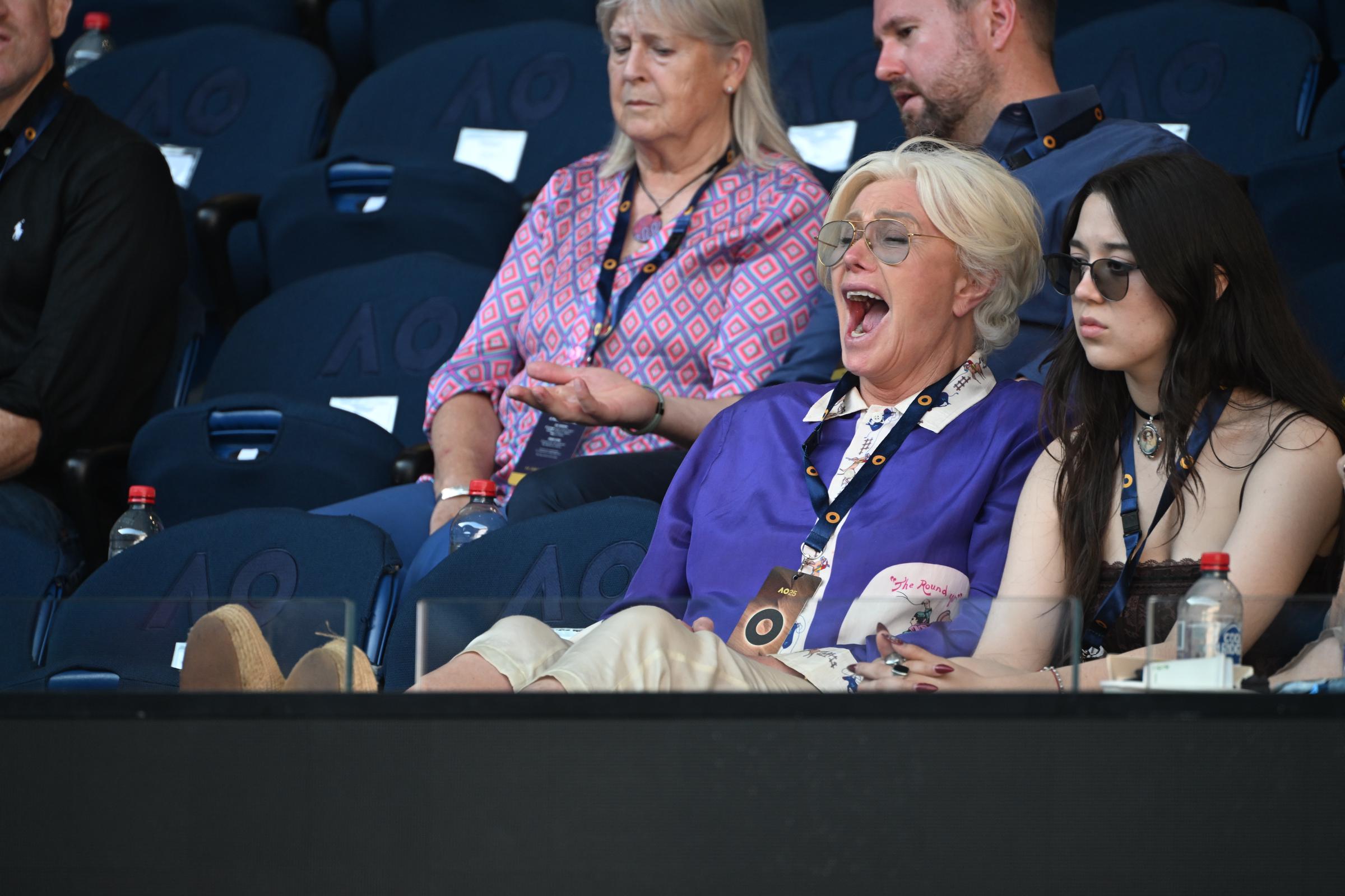 Deborra-Lee Furness gets excited while sitting next to her daughter during the Men's Singles First Round match between Daniil Medvedev and Kasidit Samrej of Thailand on January 14, 2025, in Melbourne, Australia | Source: Getty Images