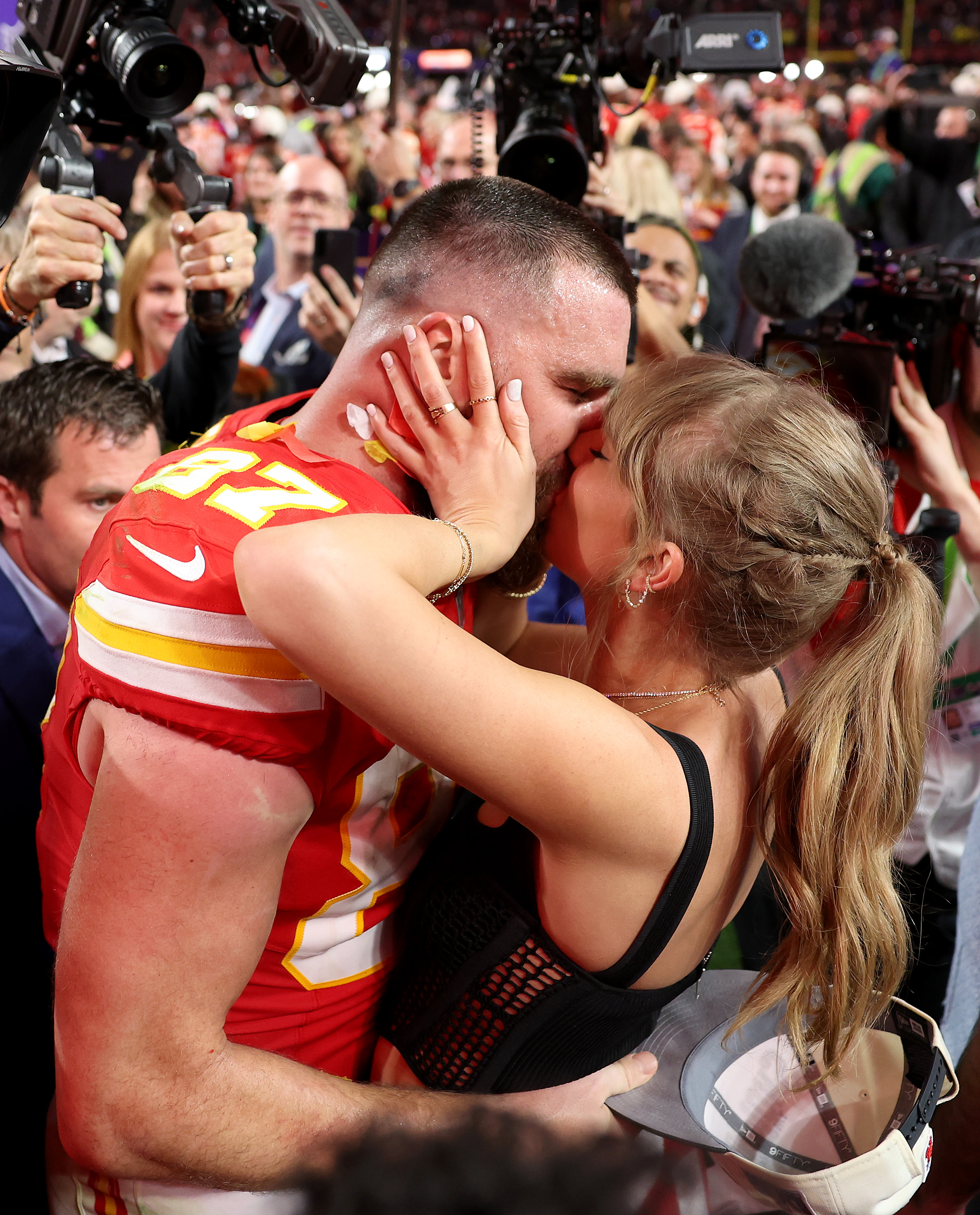 Travis Kelce and Taylor Swift photographed sharing a kiss following the NFL Super Bowl 58th football game between the San Francisco 49ers and the Kansas City Chiefs on February 11, 2024, in Las Vegas, Nevada. | Source: Getty Images