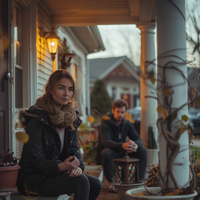 A peaceful evening scene with Lisa and James sitting on the porch | Source: Midjourney