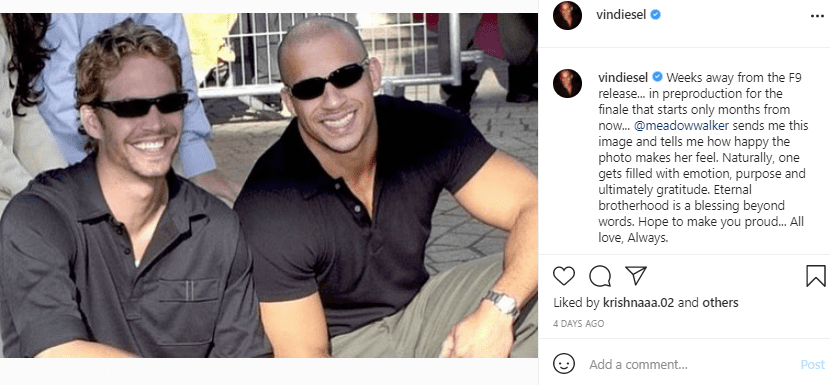 Fast & Furious actor, Vin Diesel sahes a picture with late actor, Paul walker on Instagram | Photo: Instagram/vindiesel