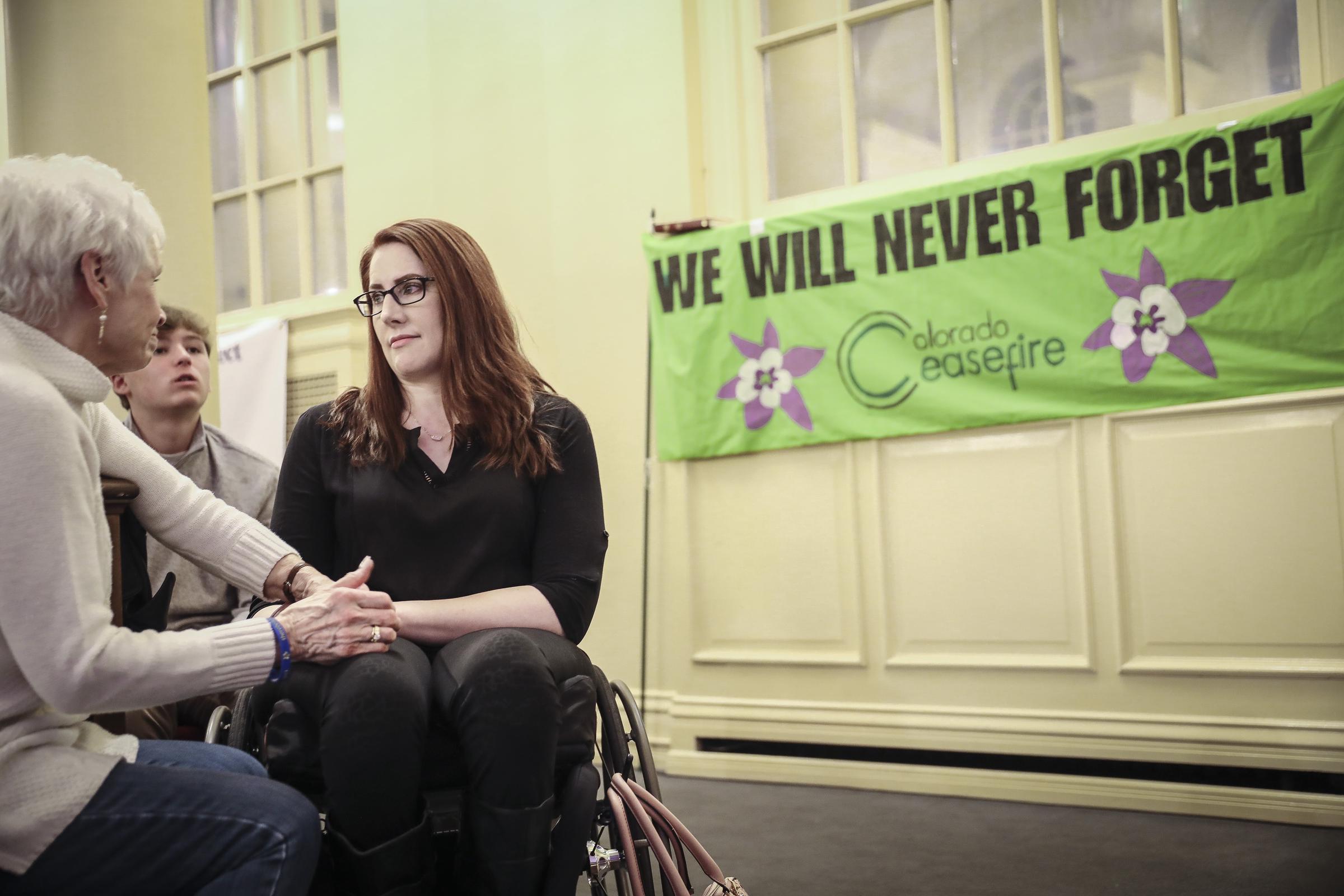 Anne Marie Hochhalter speaks with Sue Townsend at the 25th Year Remembrance at First Baptist Church of Denver on April 19, 2024 | Source: Getty Images