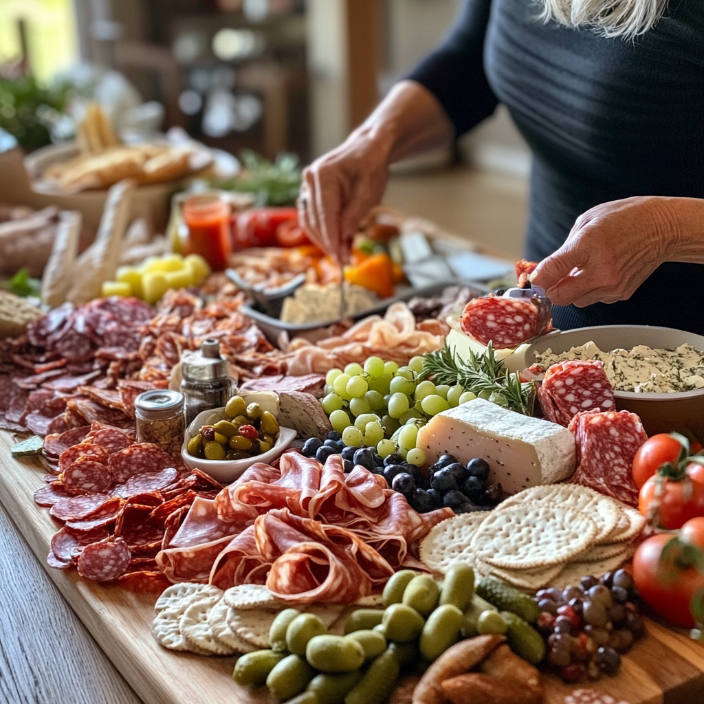 A woman at a charcuterie board | Source: Midjourney