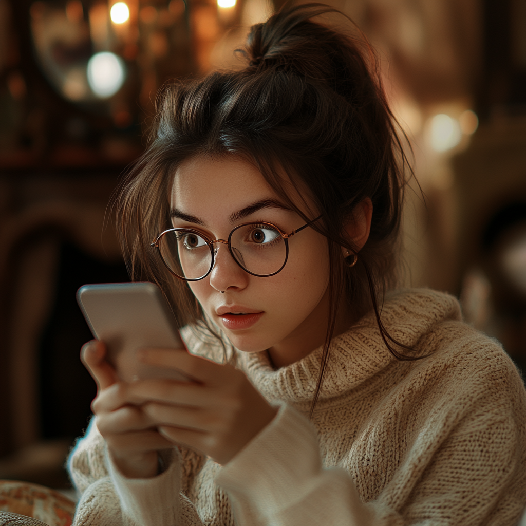 A concerned young woman looking at her phone | Source: Midjourney