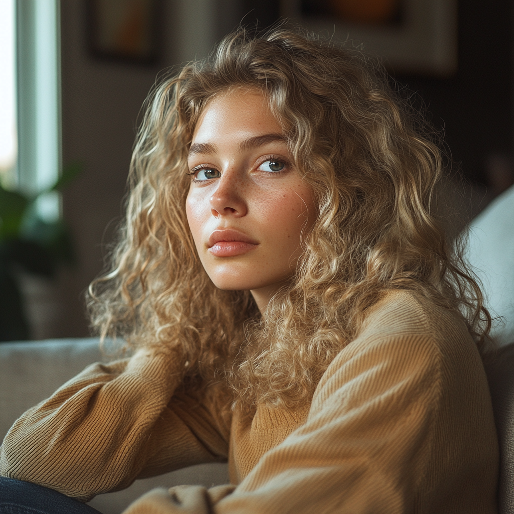 A thoughtful woman in her living room | Source: Midjourney