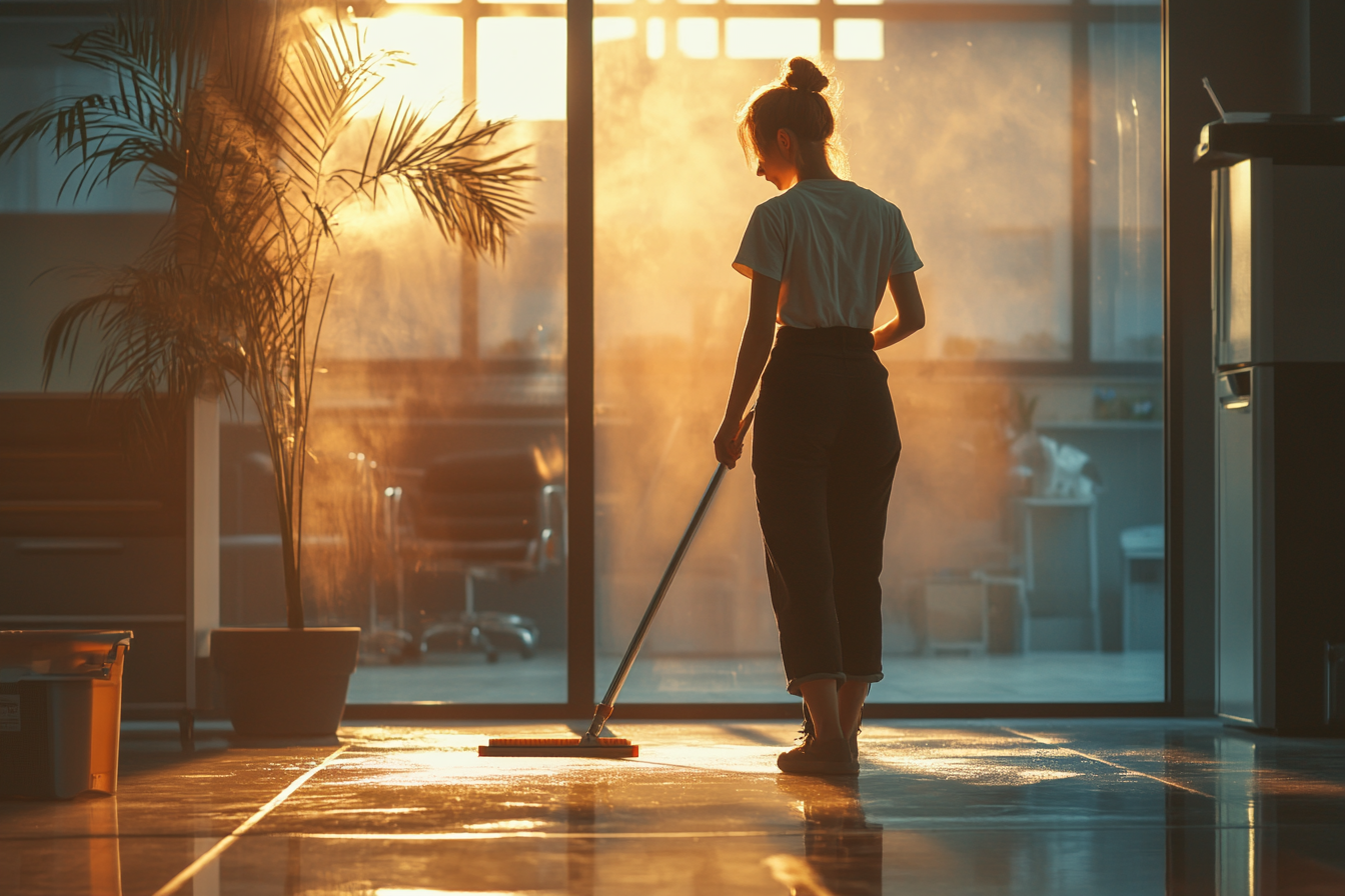 A woman cleaning an office space | Source: Midjourney