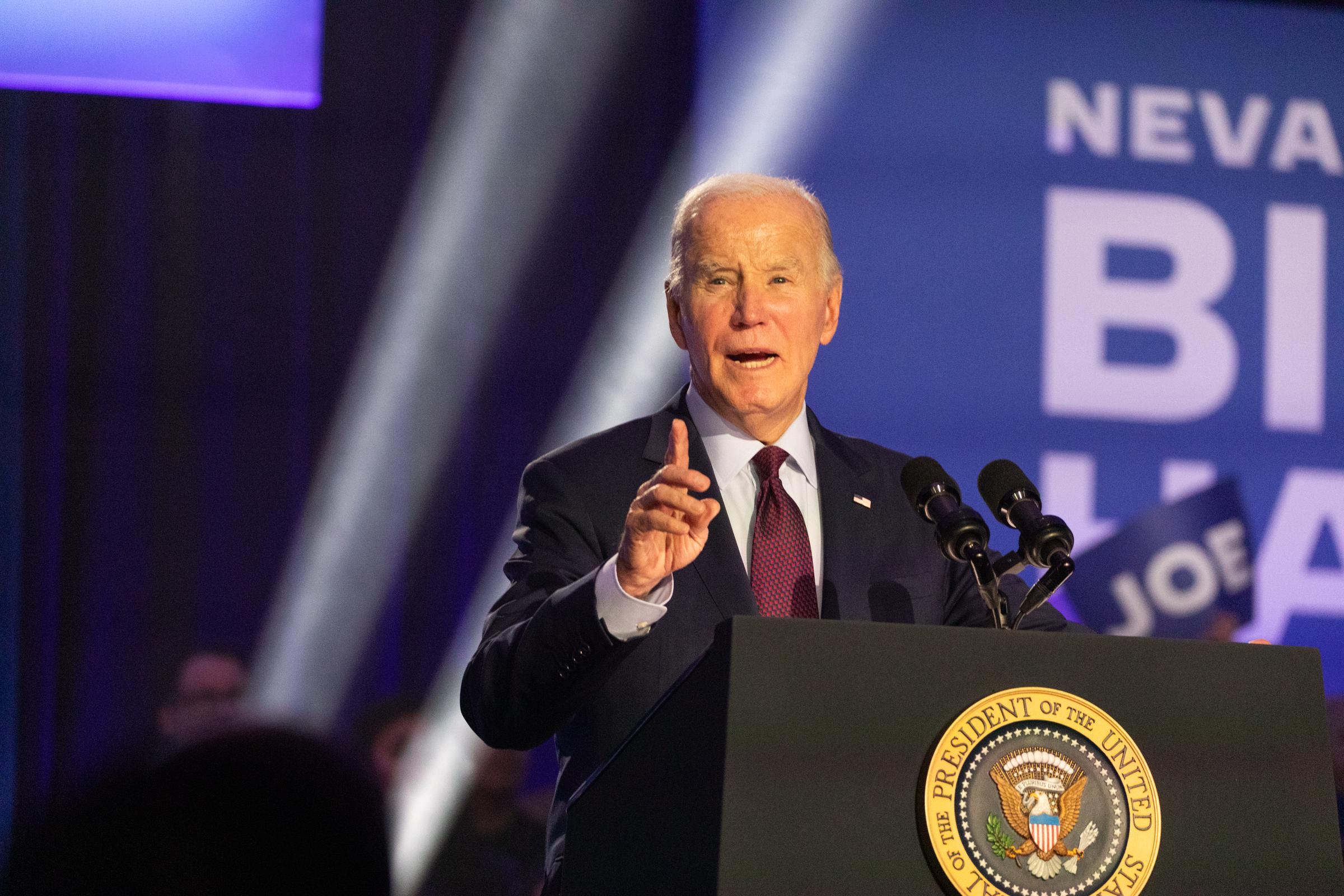 Joe Biden speaks during a campaign event at Pearson Community Center in North Las Vegas, Nev. on Sunday, Feb. 4, 2024. | Source: Getty Images