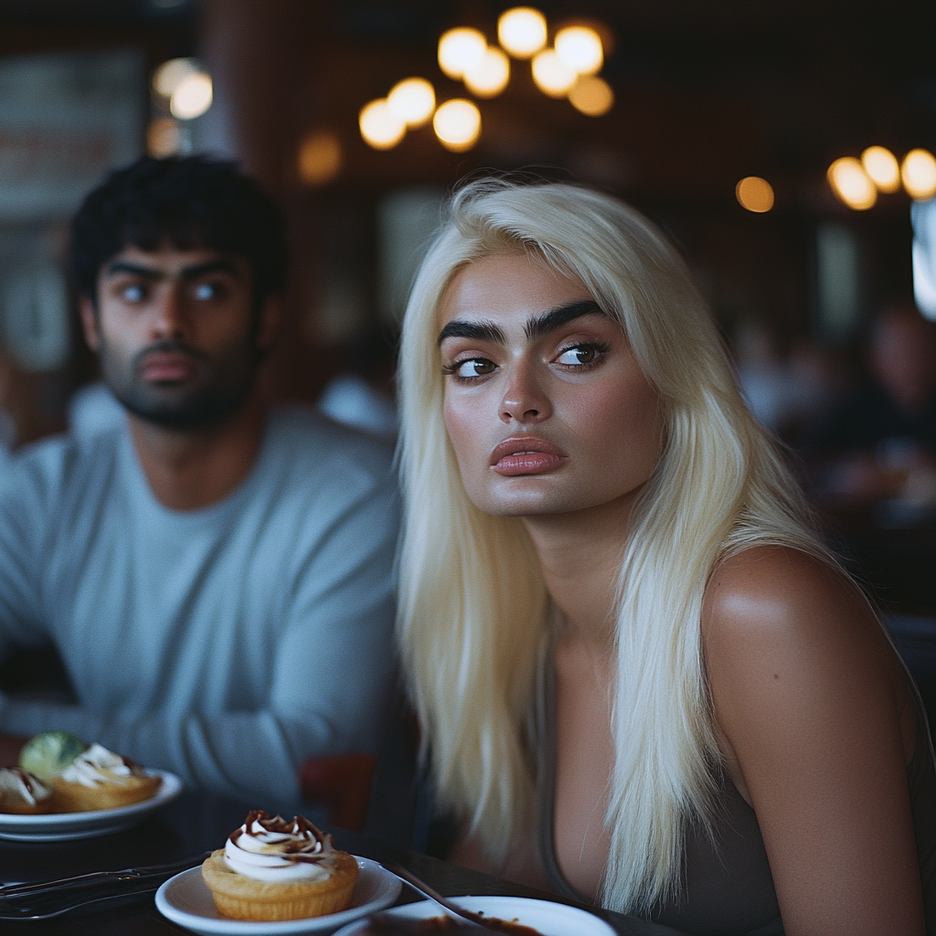 A tense couple having dessert | Source: Midjourney