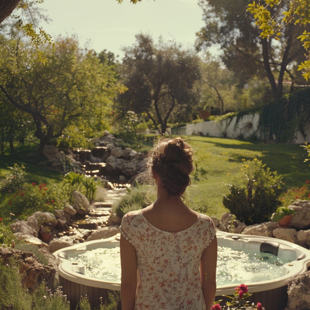 Backshot of a woman standing near a hot tub | Source: Midjourney